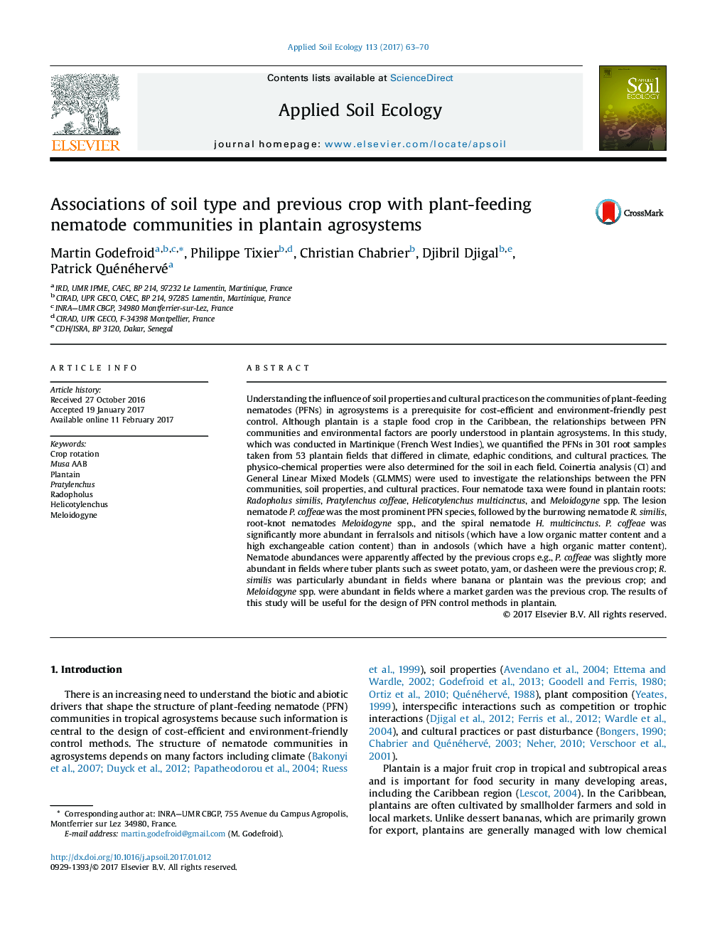 Associations of soil type and previous crop with plant-feeding nematode communities in plantain agrosystems