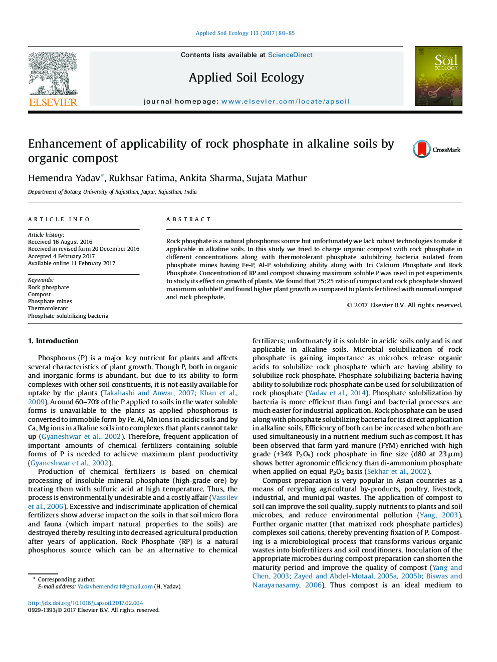 Enhancement of applicability of rock phosphate in alkaline soils by organic compost