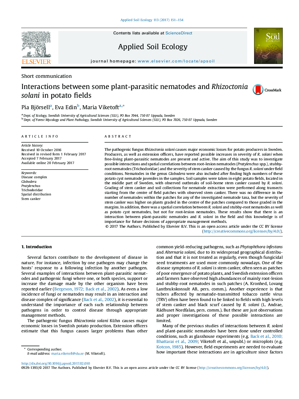 Short communicationInteractions between some plant-parasitic nematodes and Rhizoctonia solani in potato fields