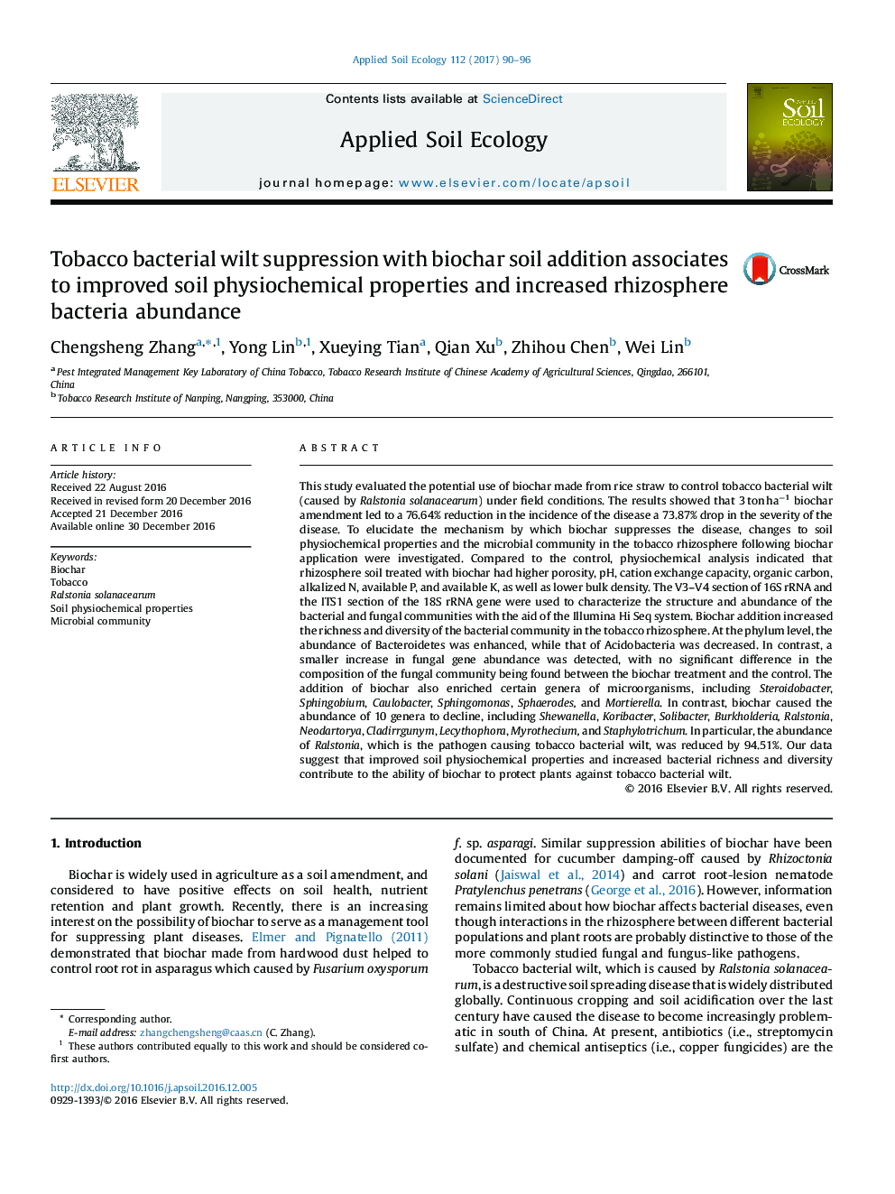 Tobacco bacterial wilt suppression with biochar soil addition associates to improved soil physiochemical properties and increased rhizosphere bacteria abundance