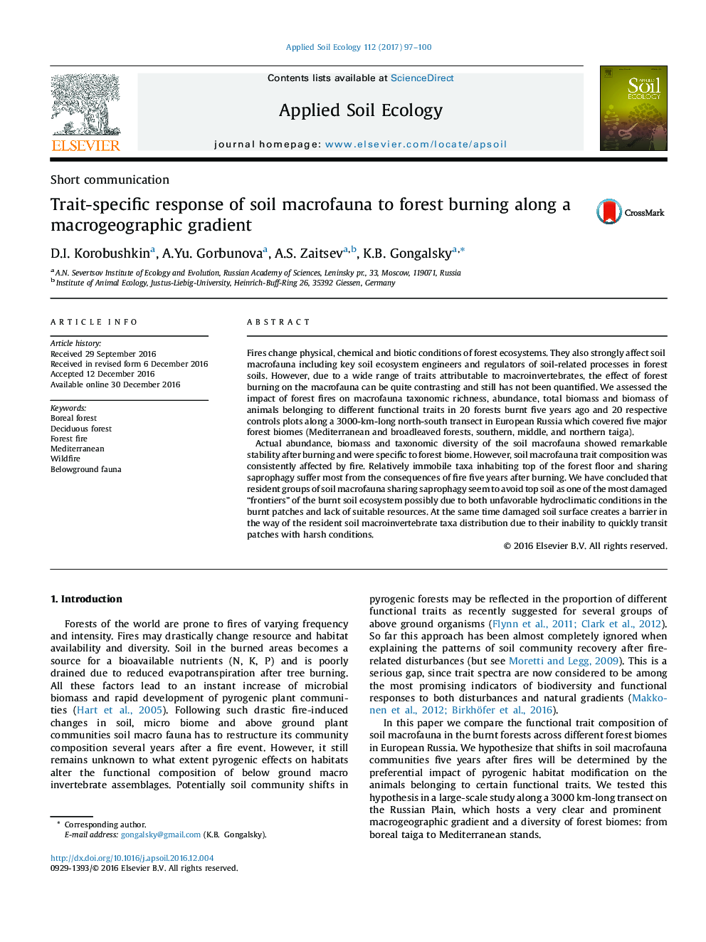 Short communicationTrait-specific response of soil macrofauna to forest burning along a macrogeographic gradient