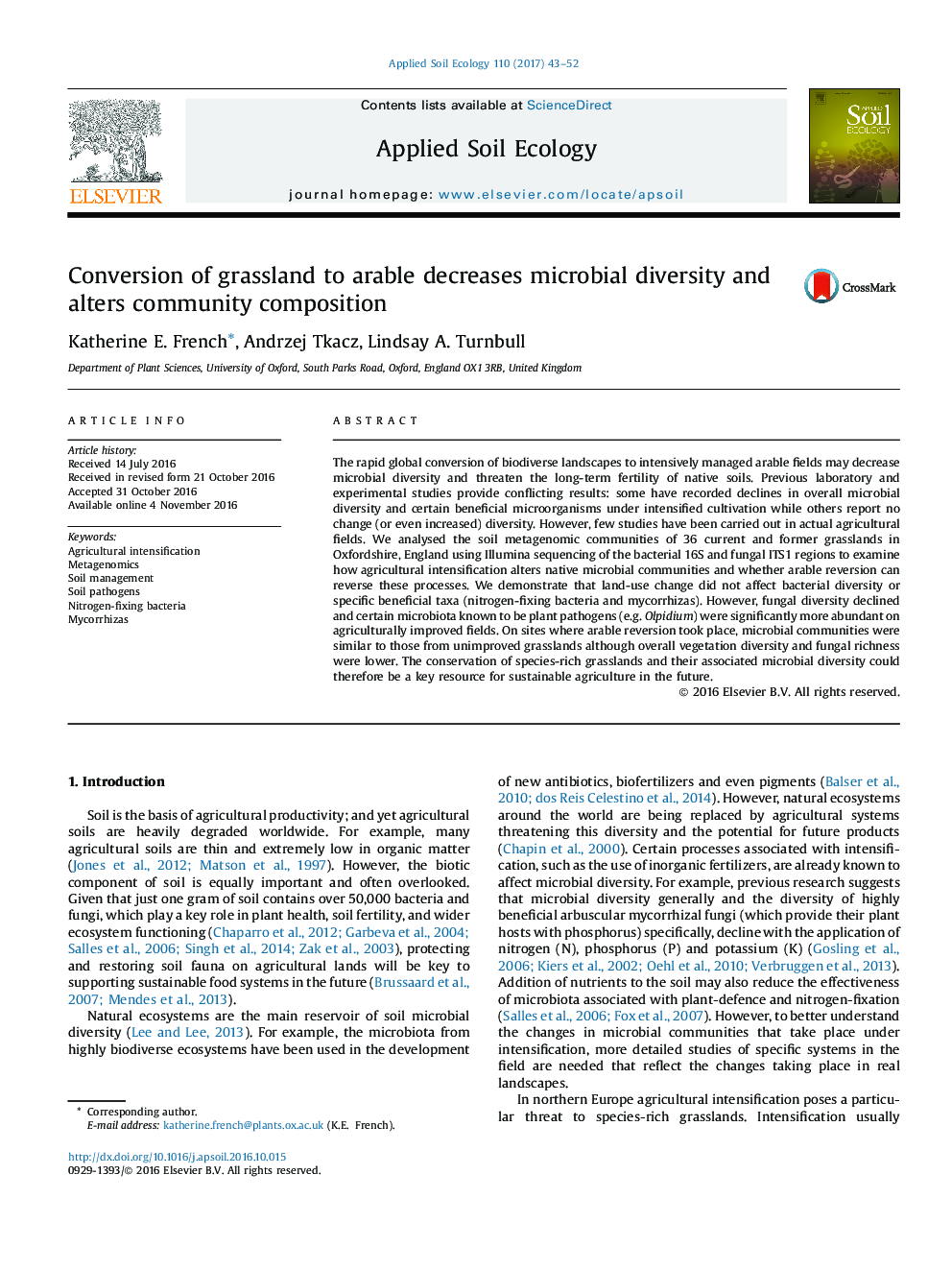 Conversion of grassland to arable decreases microbial diversity and alters community composition