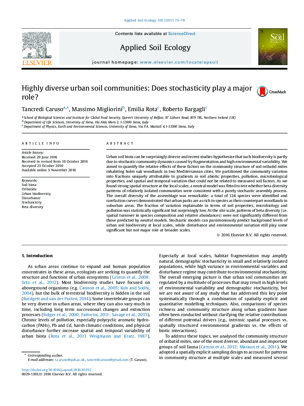 Highly diverse urban soil communities: Does stochasticity play a major role?