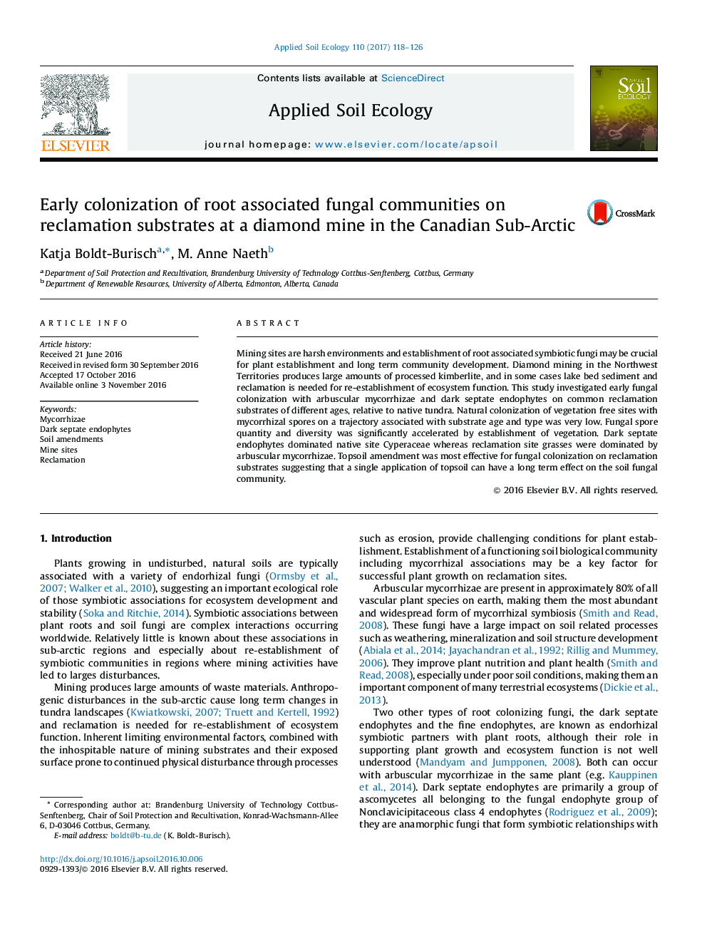 Early colonization of root associated fungal communities on reclamation substrates at a diamond mine in the Canadian Sub-Arctic