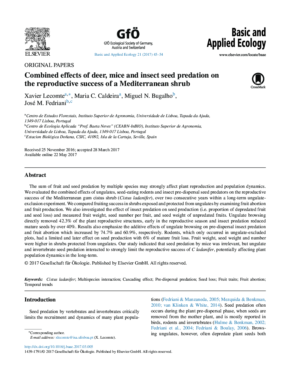Original PapersCombined effects of deer, mice and insect seed predation on the reproductive success of a Mediterranean shrub