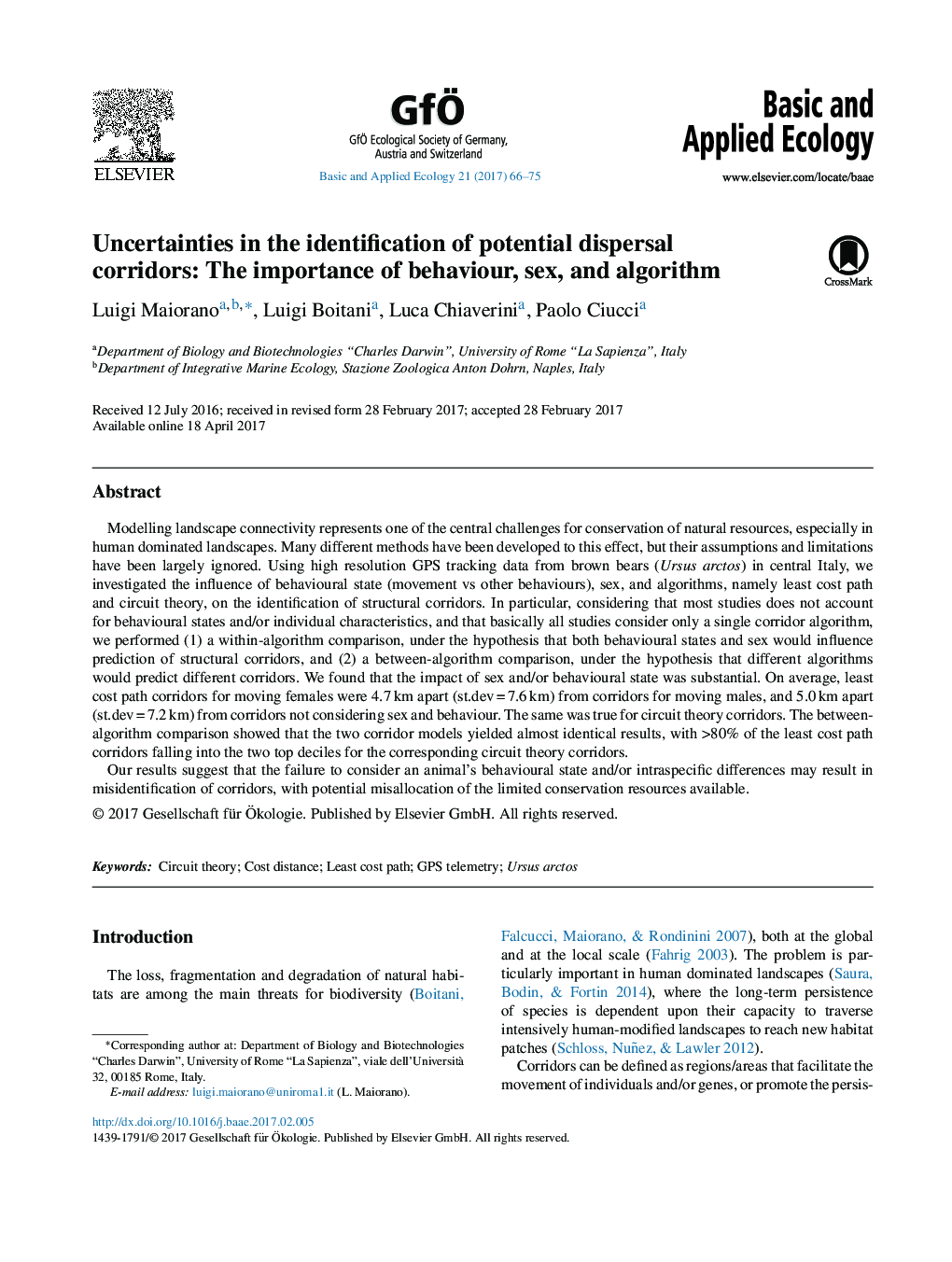 Uncertainties in the identification of potential dispersal corridors: The importance of behaviour, sex, and algorithm