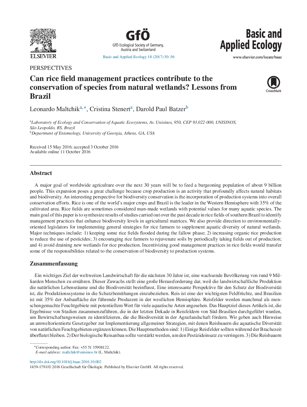 PerspectivesCan rice field management practices contribute to the conservation of species from natural wetlands? Lessons from Brazil