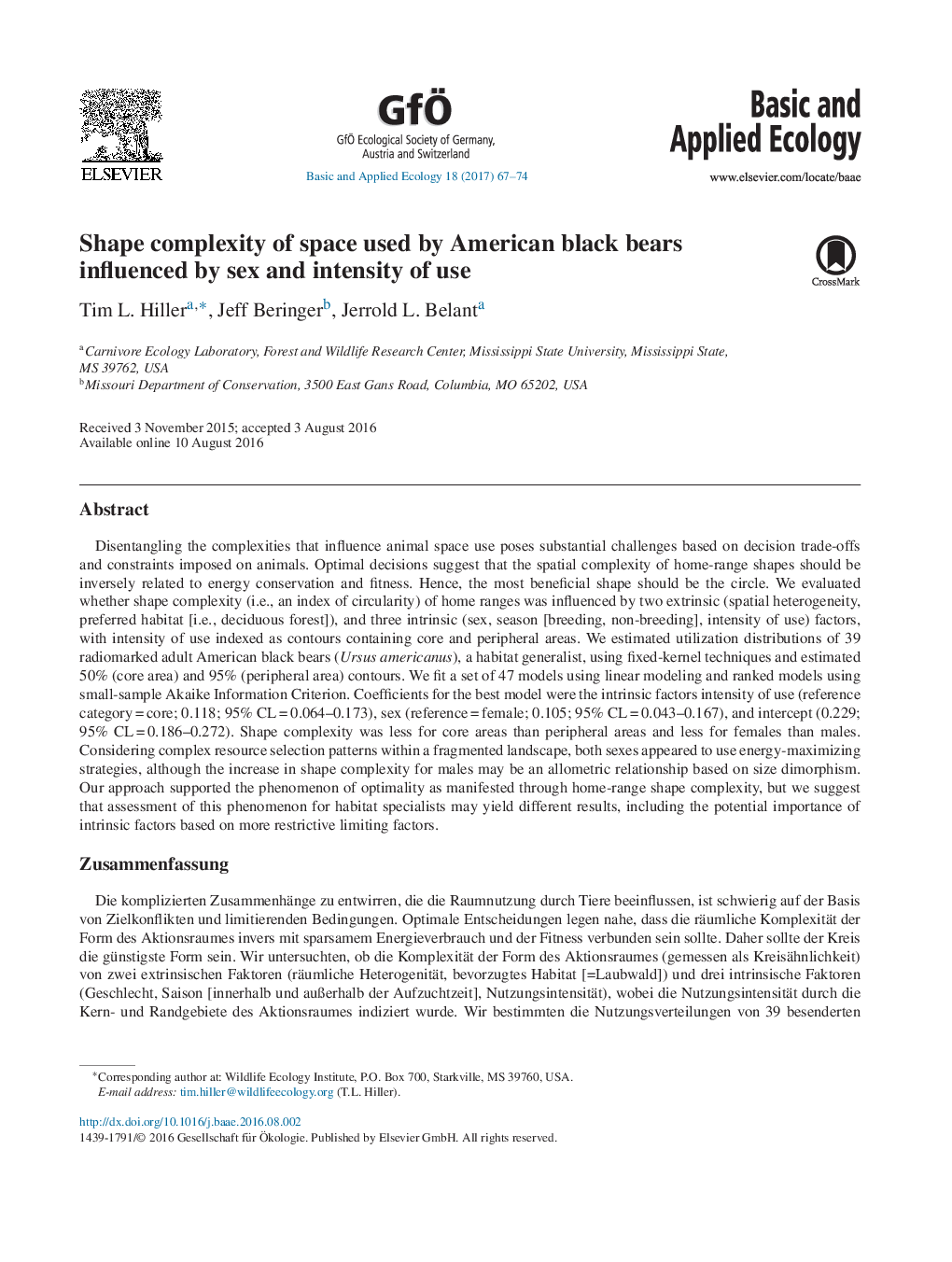 Shape complexity of space used by American black bears influenced by sex and intensity of use