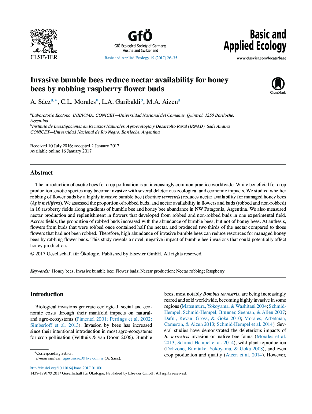 Invasive bumble bees reduce nectar availability for honey bees by robbing raspberry flower buds