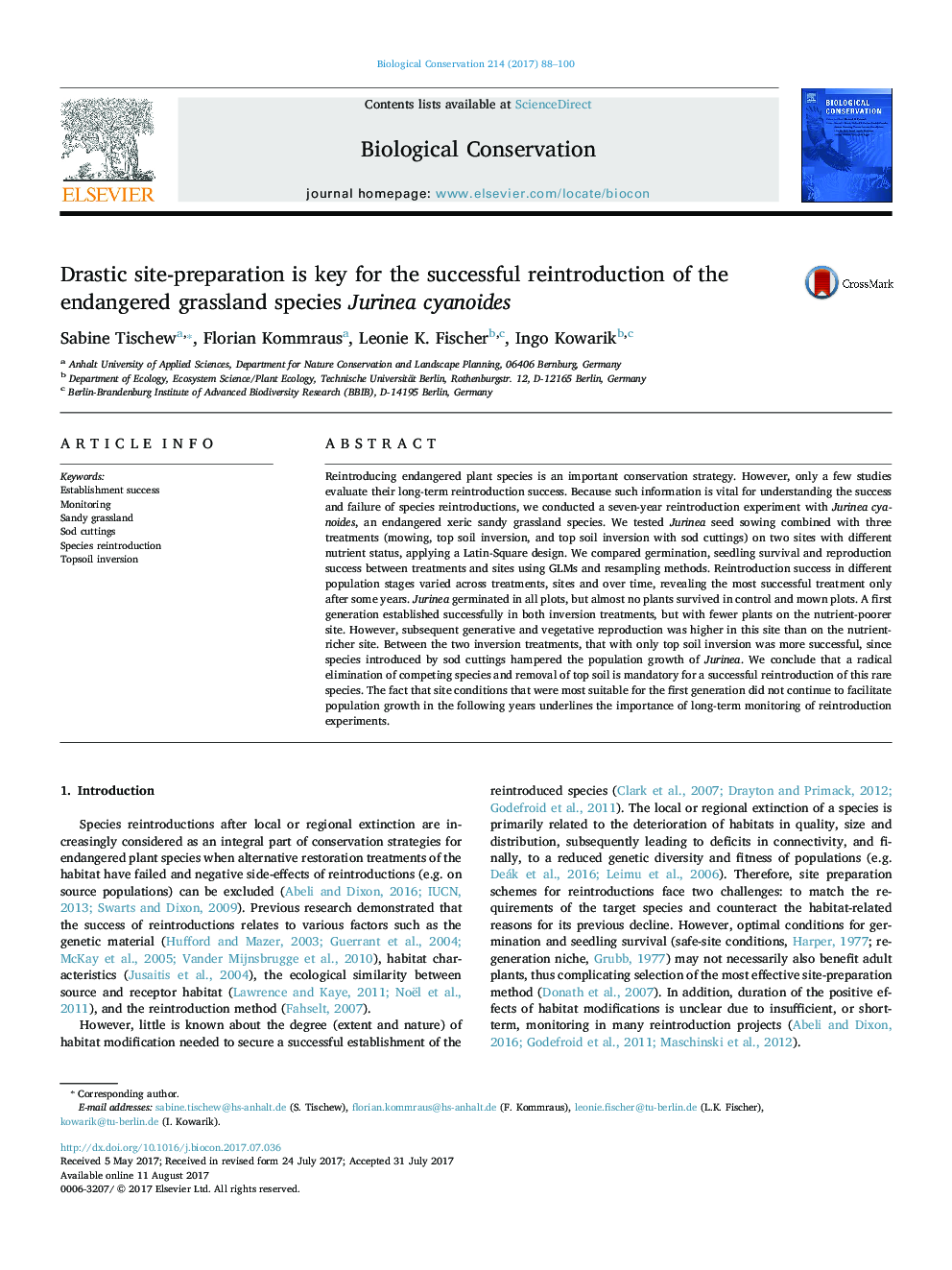 عکس صفحه اول مقاله: Drastic site-preparation is key for the successful reintroduction of the endangered grassland species Jurinea cyanoides Drastic site-preparation is key for the successful reintroduction of the endangered grassland species Jurinea cyanoides