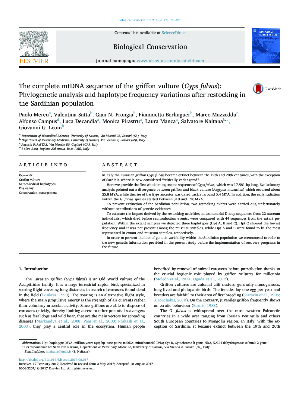 The complete mtDNA sequence of the griffon vulture (Gyps fulvus): Phylogenetic analysis and haplotype frequency variations after restocking in the Sardinian population