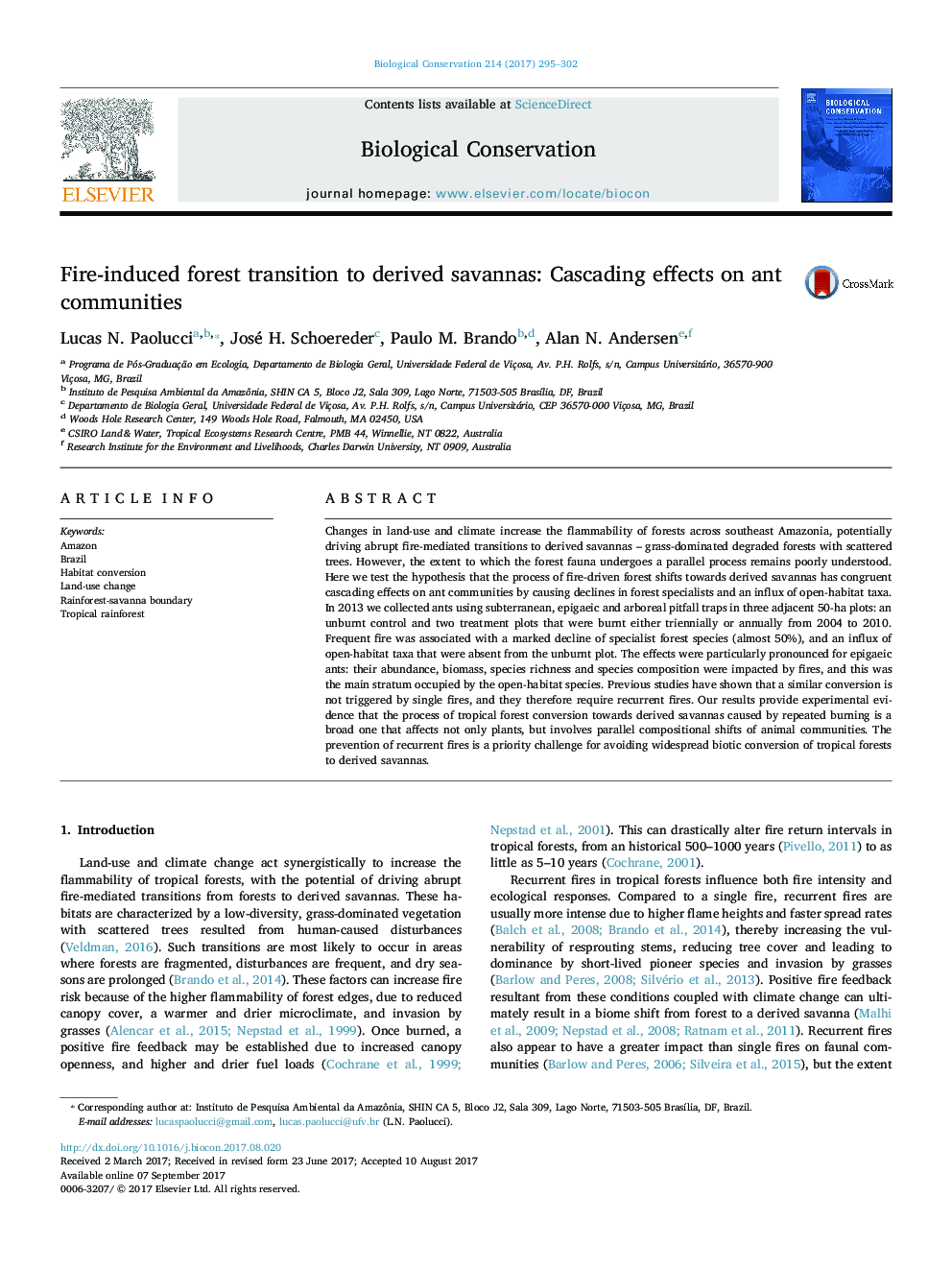 Fire-induced forest transition to derived savannas: Cascading effects on ant communities