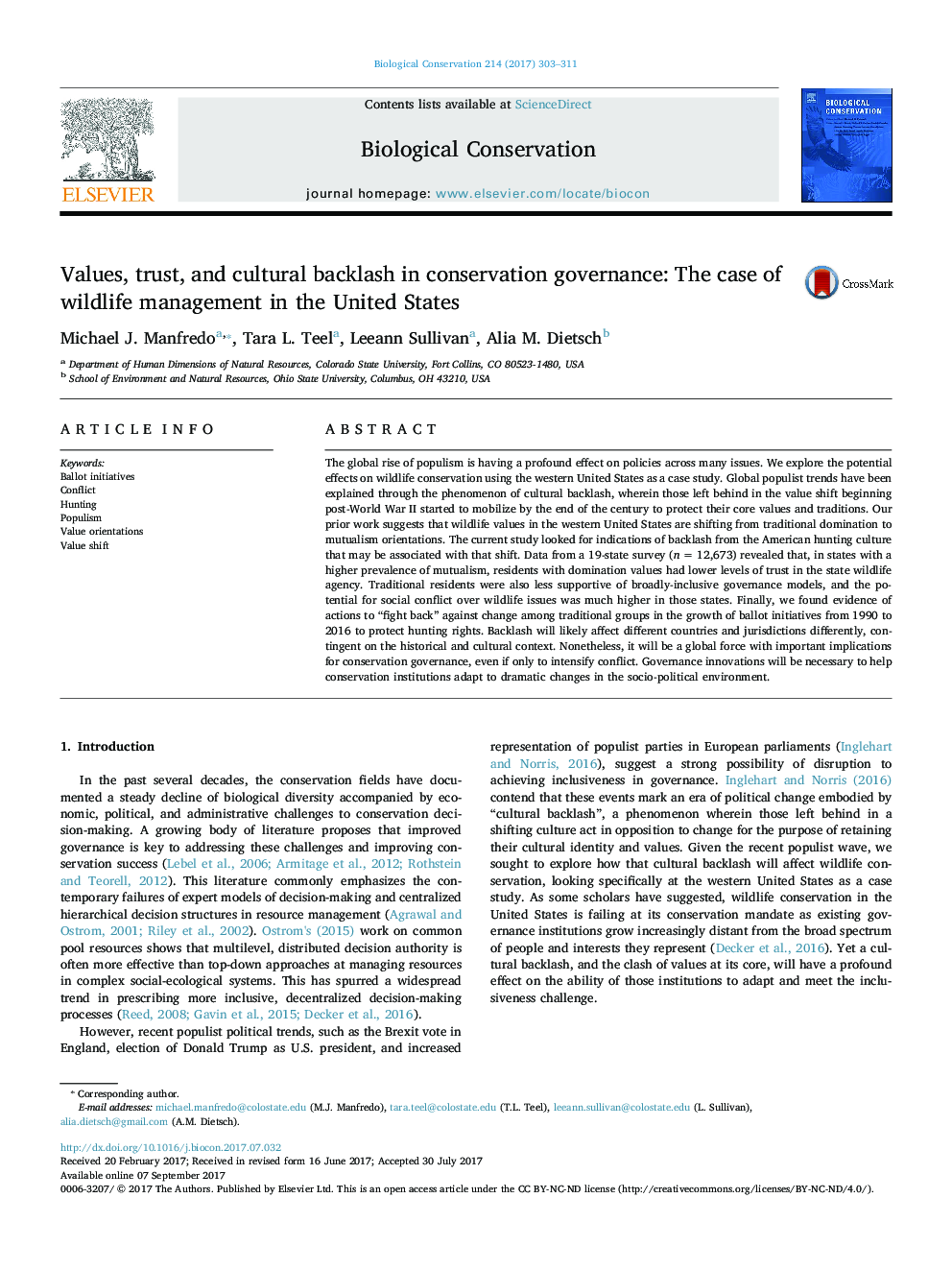 Values, trust, and cultural backlash in conservation governance: The case of wildlife management in the United States