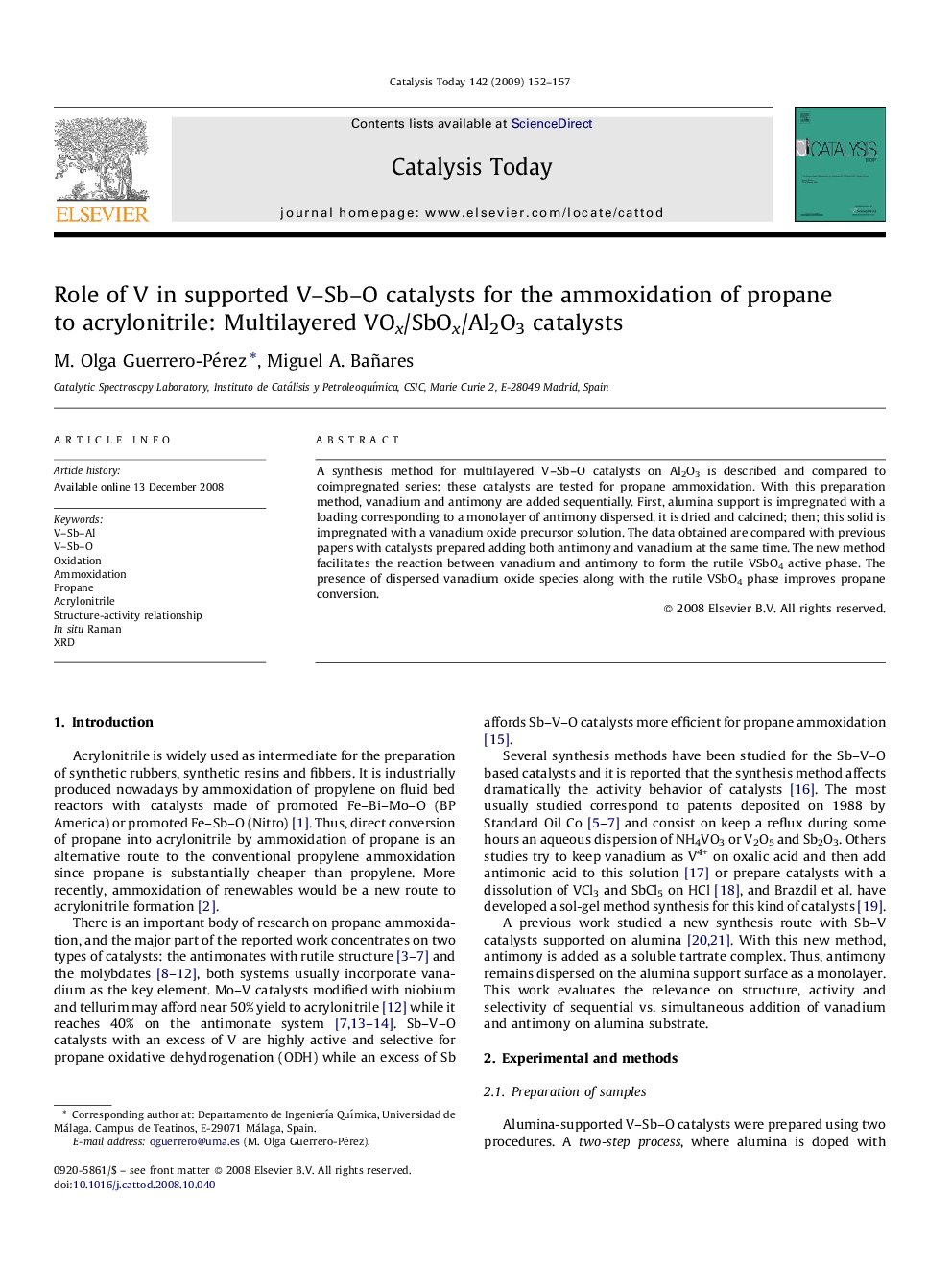 Role of V in supported V–Sb–O catalysts for the ammoxidation of propane to acrylonitrile: Multilayered VOx/SbOx/Al2O3 catalysts