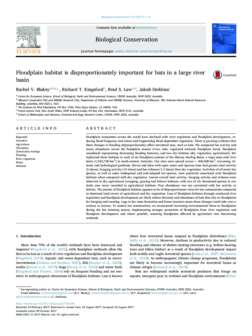 Floodplain habitat is disproportionately important for bats in a large river basin