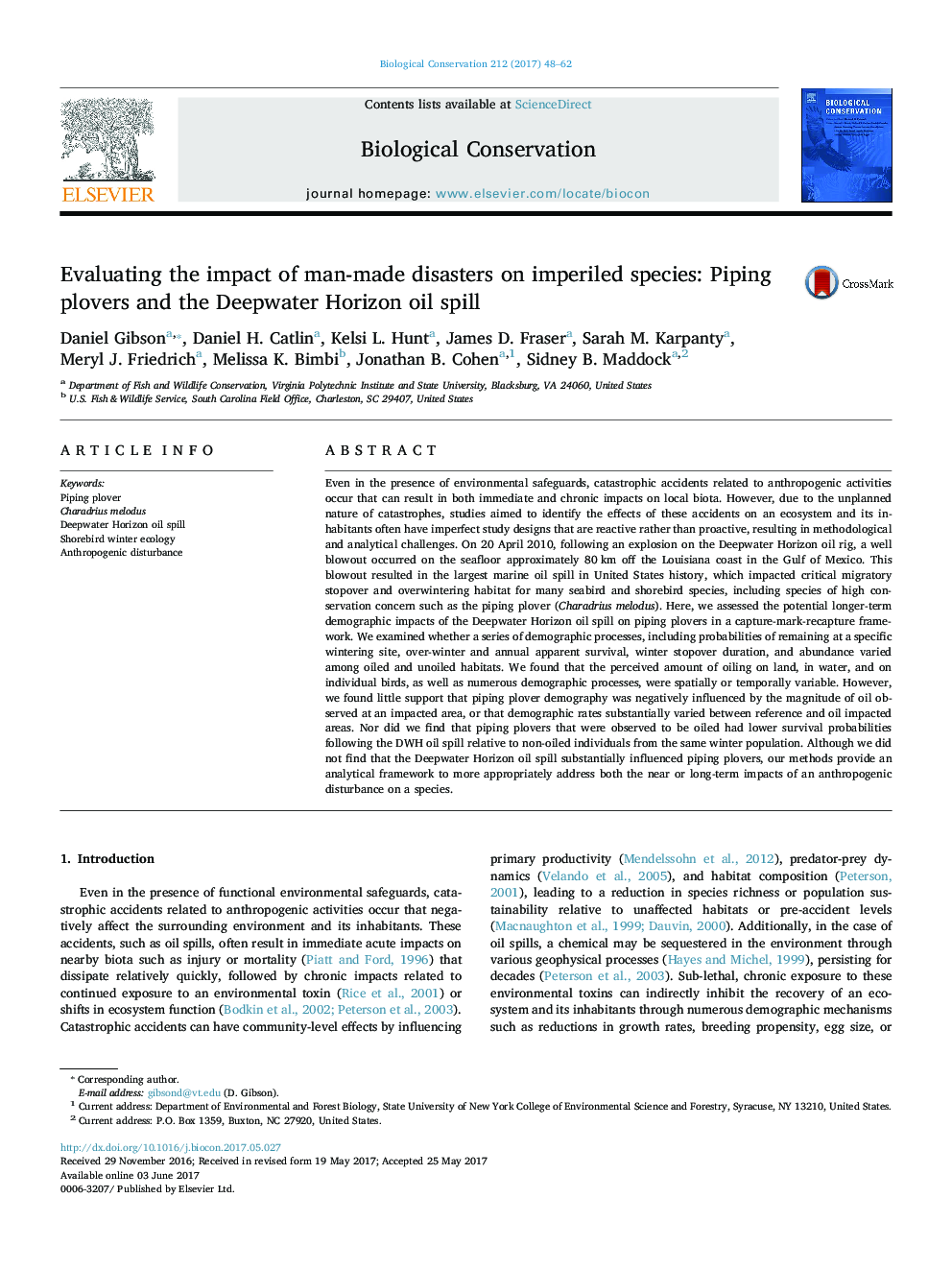 Evaluating the impact of man-made disasters on imperiled species: Piping plovers and the Deepwater Horizon oil spill