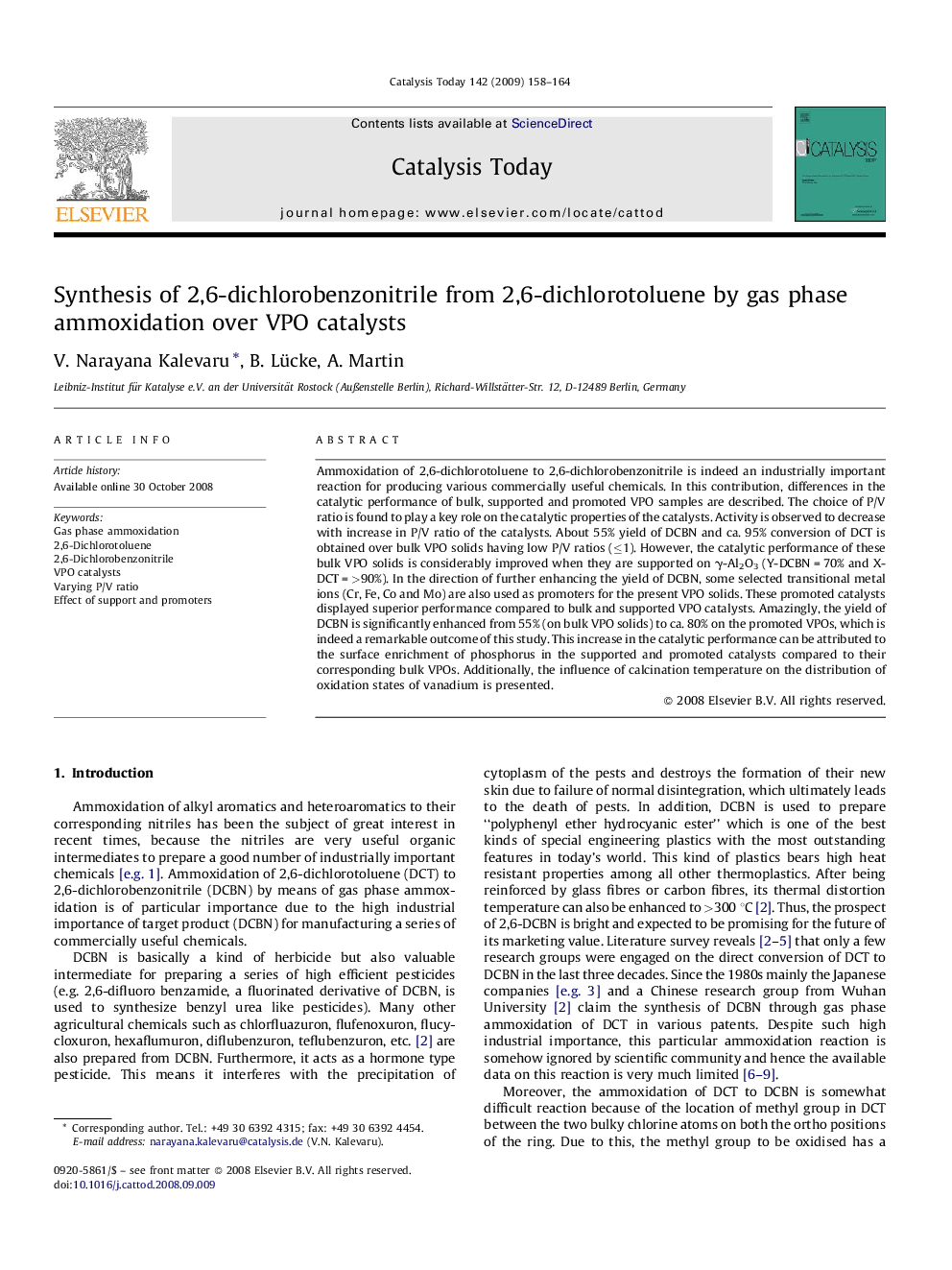 Synthesis of 2,6-dichlorobenzonitrile from 2,6-dichlorotoluene by gas phase ammoxidation over VPO catalysts