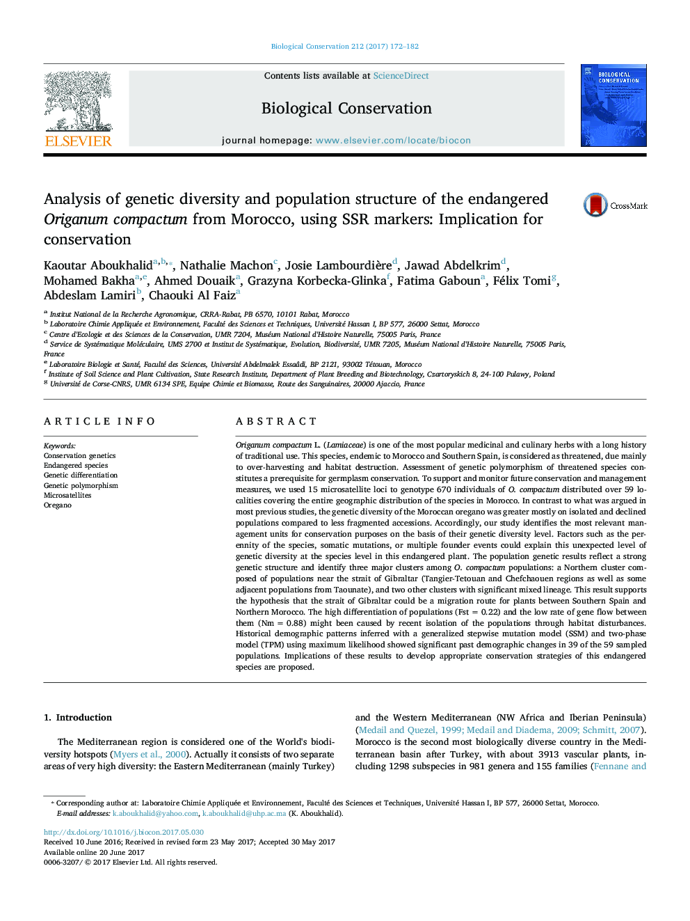 Analysis of genetic diversity and population structure of the endangered Origanum compactum from Morocco, using SSR markers: Implication for conservation