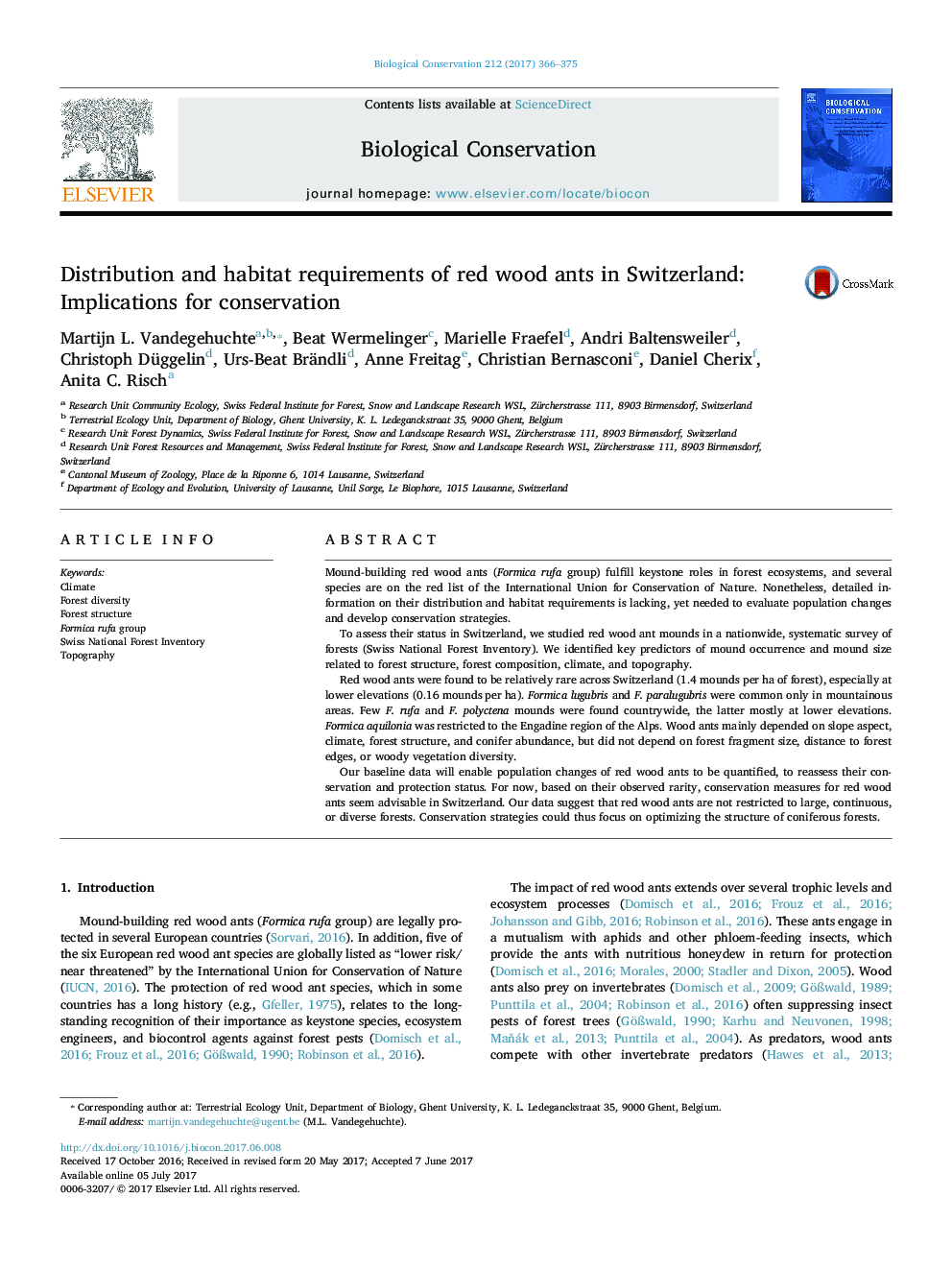 Distribution and habitat requirements of red wood ants in Switzerland: Implications for conservation