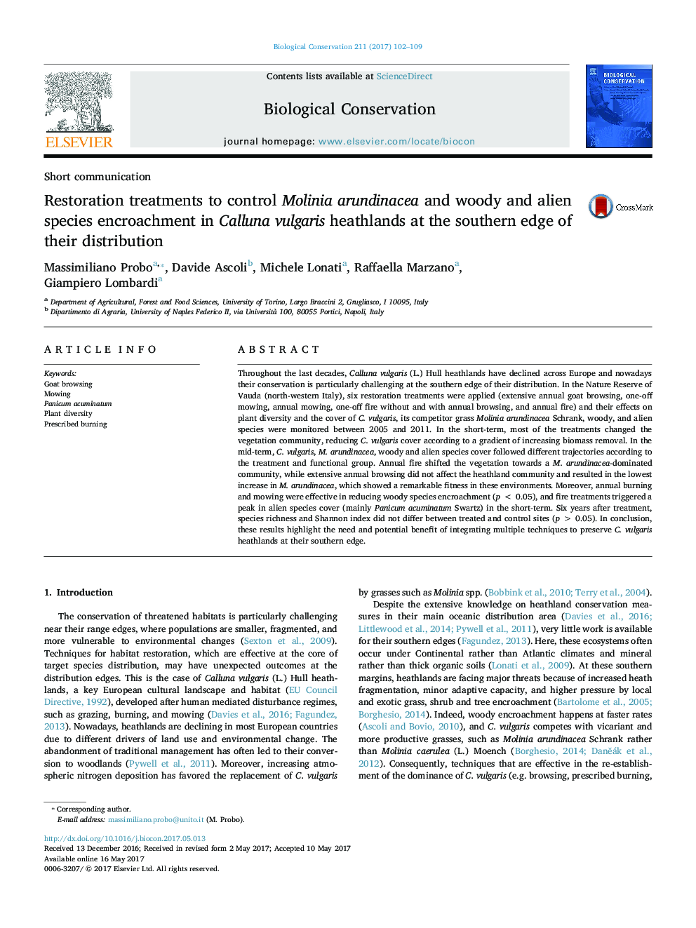 Short communicationRestoration treatments to control Molinia arundinacea and woody and alien species encroachment in Calluna vulgaris heathlands at the southern edge of their distribution