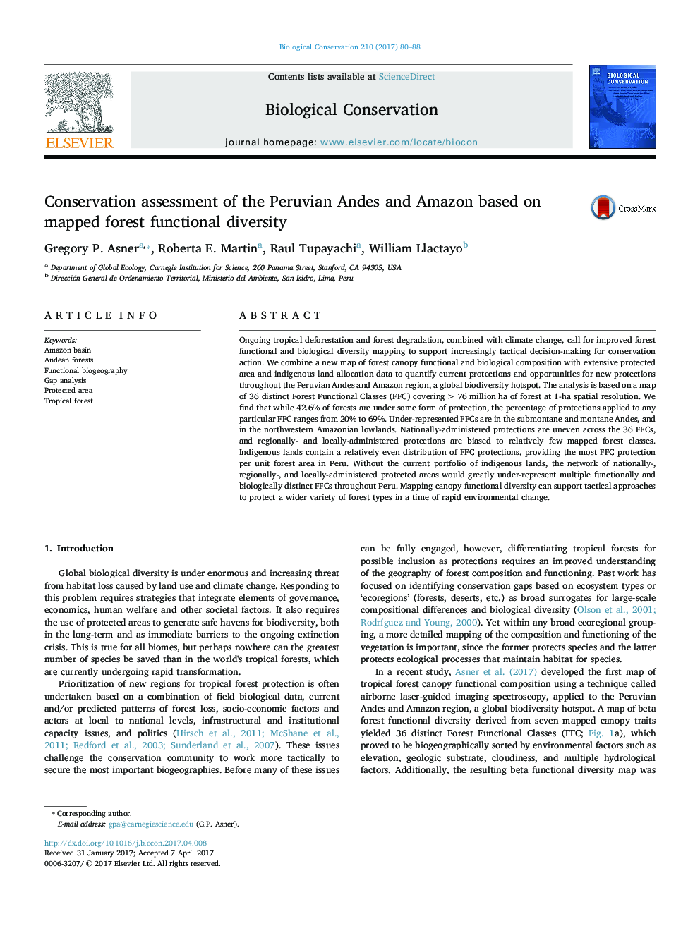 عکس صفحه اول مقاله: Conservation assessment of the Peruvian Andes and Amazon based on mapped forest functional diversity Conservation assessment of the Peruvian Andes and Amazon based on mapped forest functional diversity