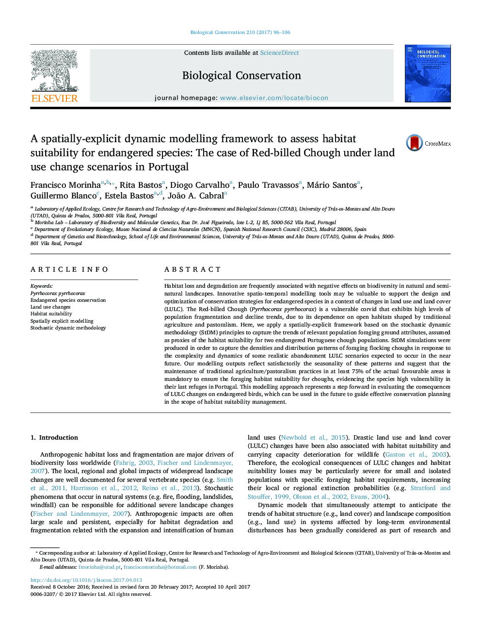 A spatially-explicit dynamic modelling framework to assess habitat suitability for endangered species: The case of Red-billed Chough under land use change scenarios in Portugal