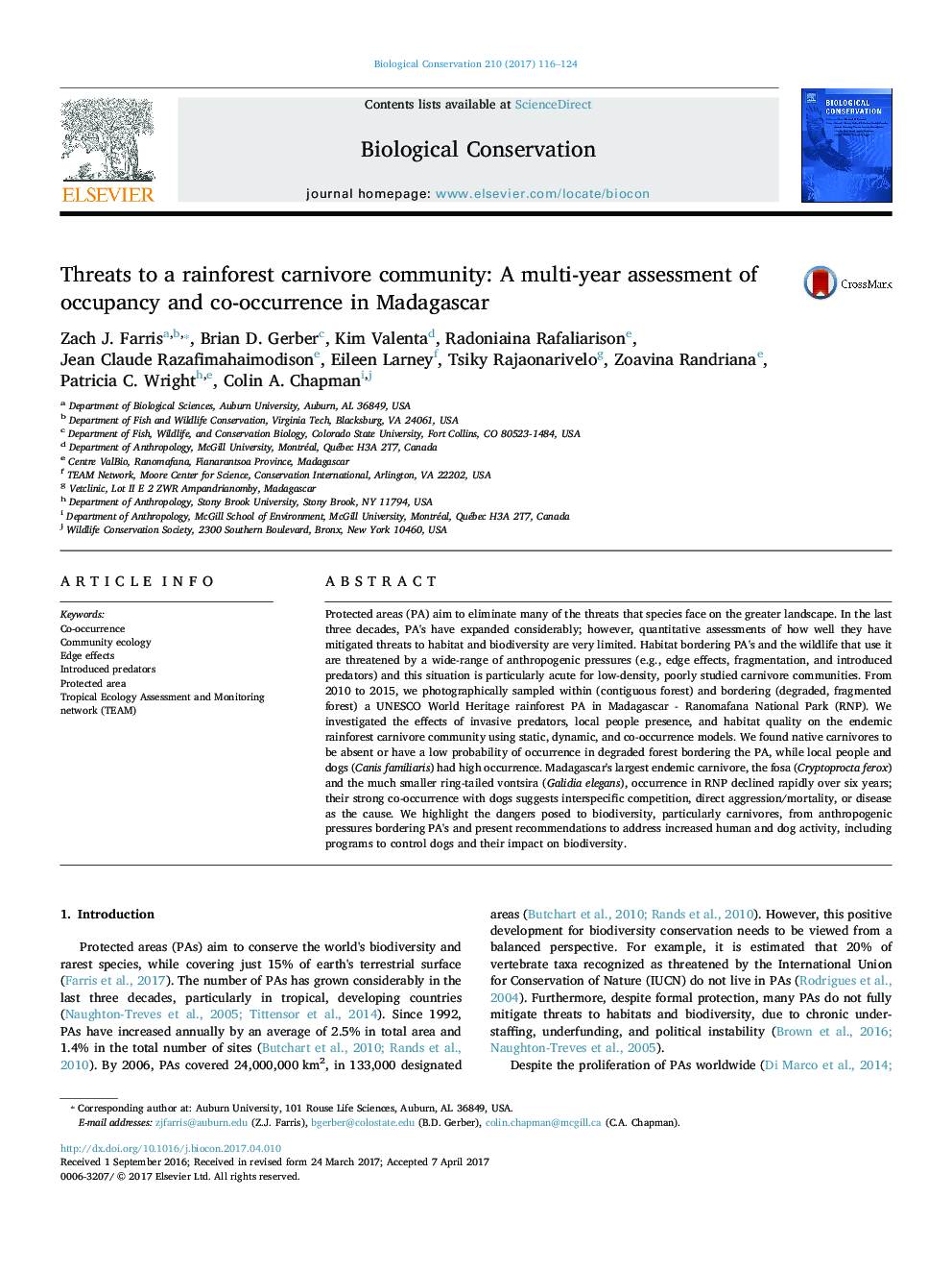 Threats to a rainforest carnivore community: A multi-year assessment of occupancy and co-occurrence in Madagascar