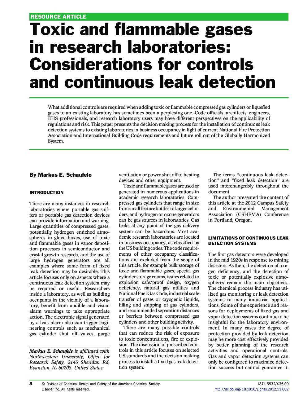 Toxic and flammable gases in research laboratories: Considerations for controls and continuous leak detection