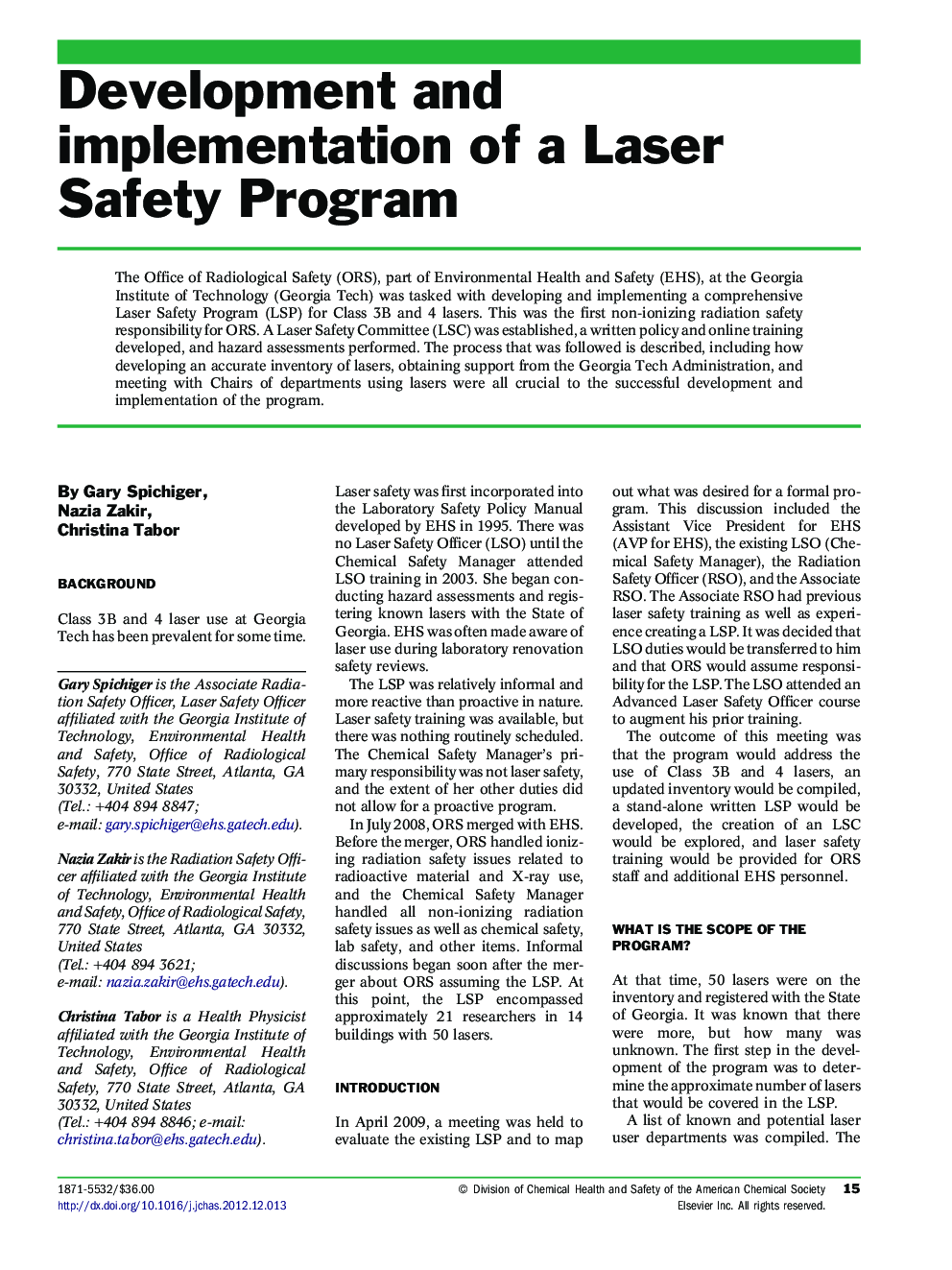 Development and implementation of a Laser Safety Program