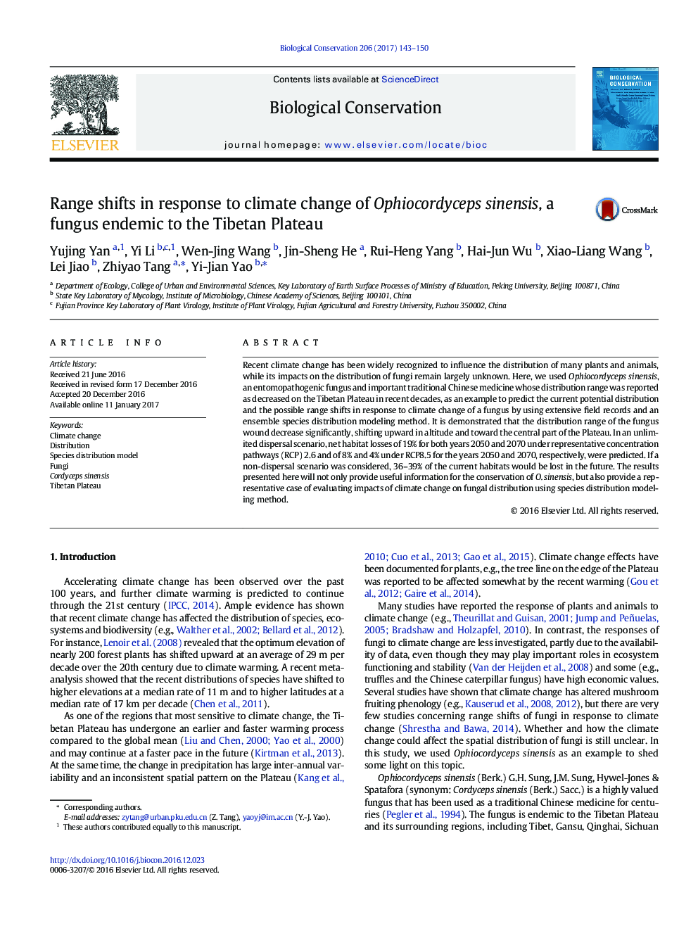 Range shifts in response to climate change of Ophiocordyceps sinensis, a fungus endemic to the Tibetan Plateau