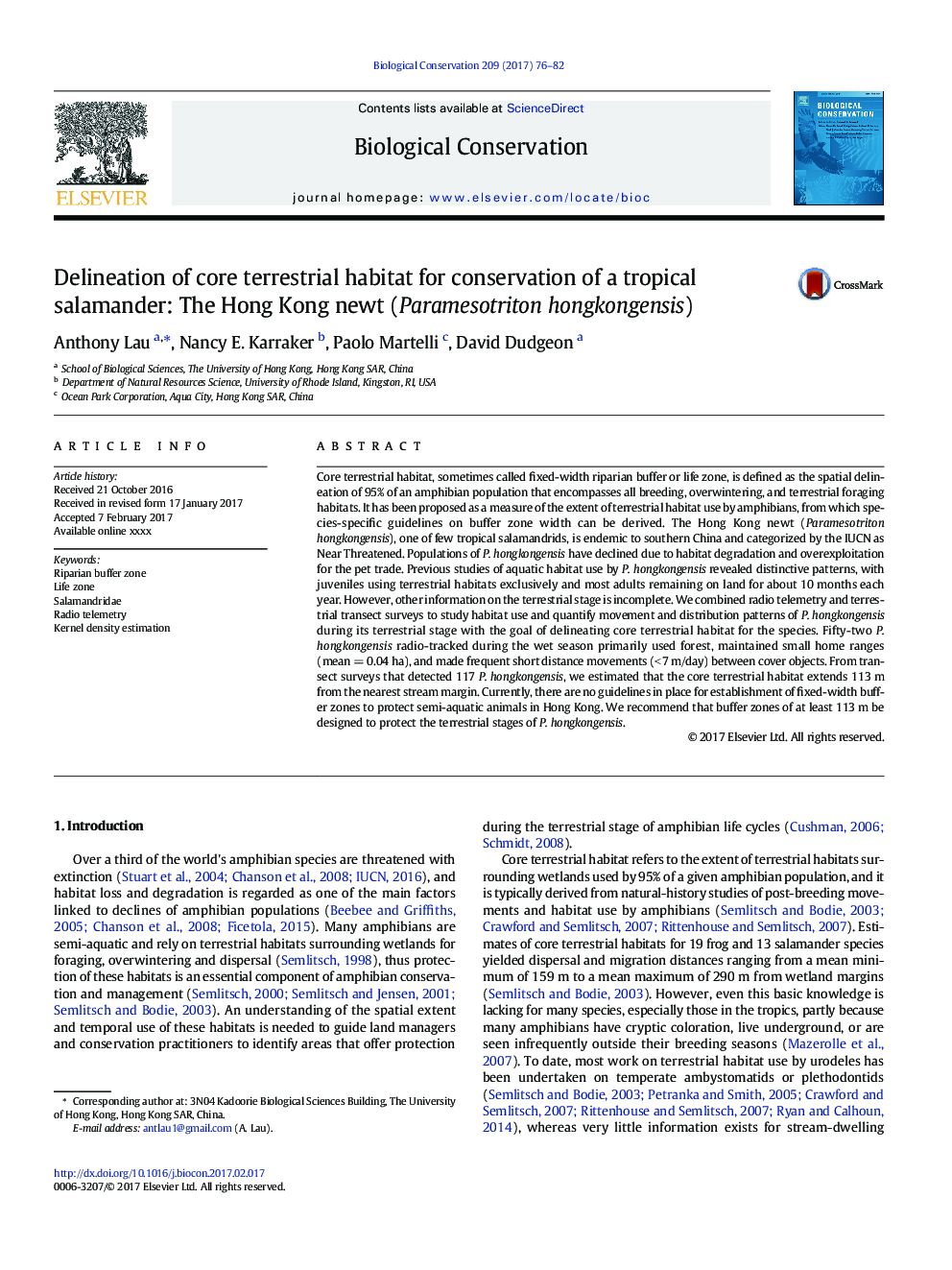 Delineation of core terrestrial habitat for conservation of a tropical salamander: The Hong Kong newt (Paramesotriton hongkongensis)