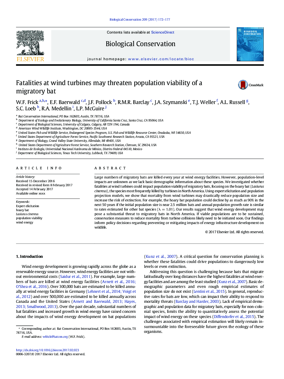 Fatalities at wind turbines may threaten population viability of a migratory bat