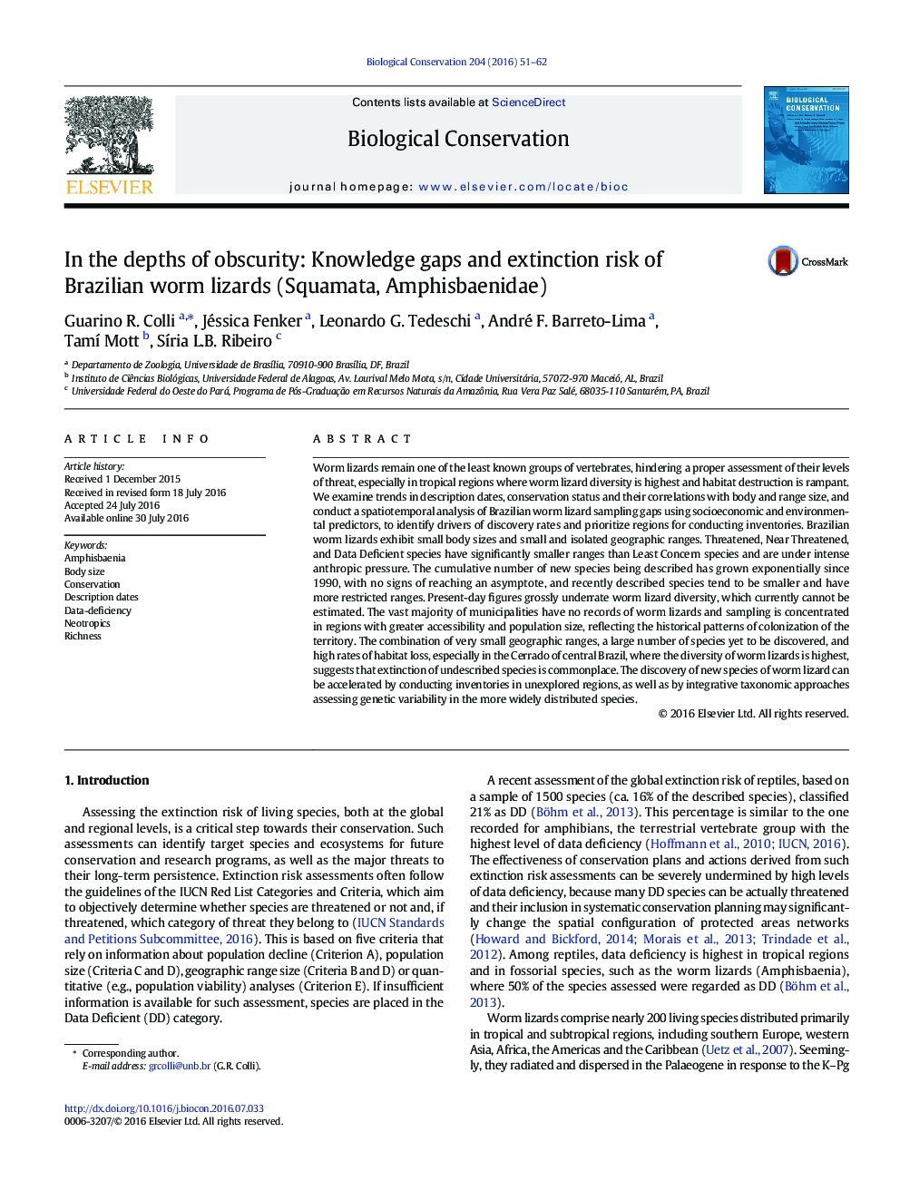 In the depths of obscurity: Knowledge gaps and extinction risk of Brazilian worm lizards (Squamata, Amphisbaenidae)