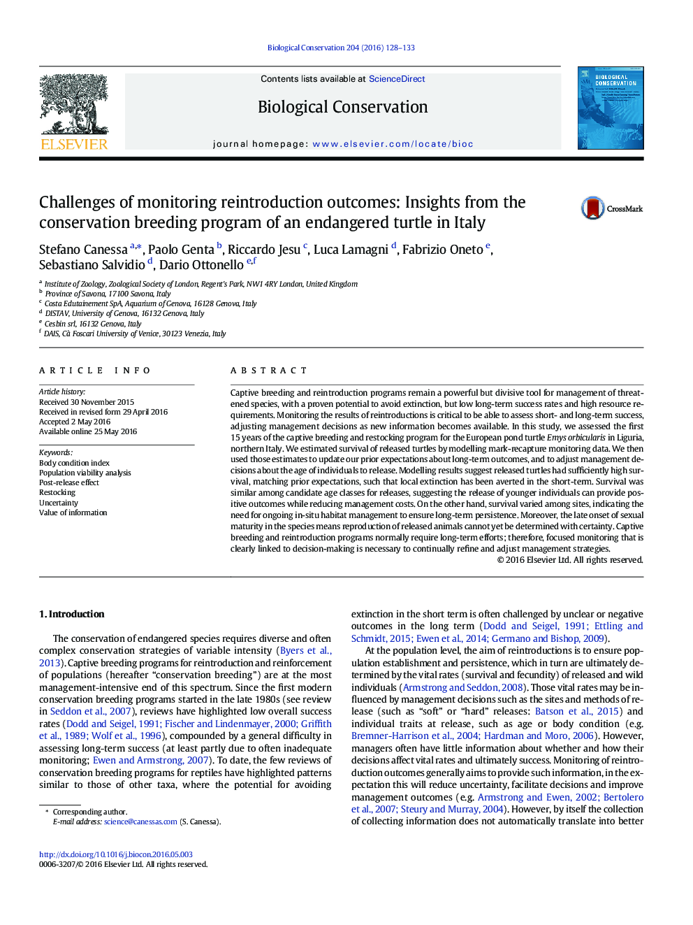 Challenges of monitoring reintroduction outcomes: Insights from the conservation breeding program of an endangered turtle in Italy