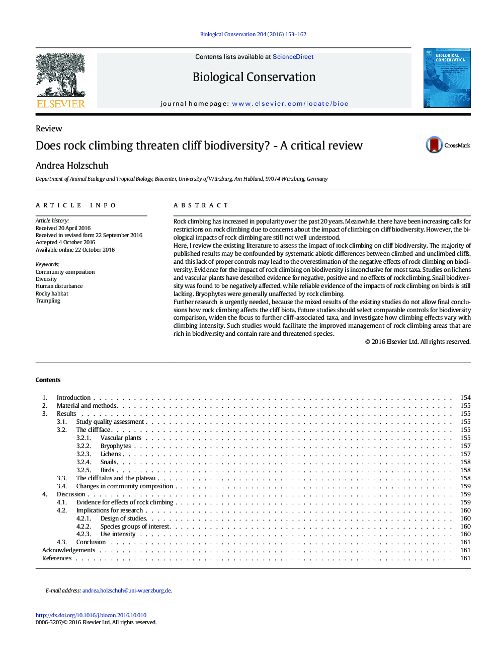 Does rock climbing threaten cliff biodiversity? - A critical review