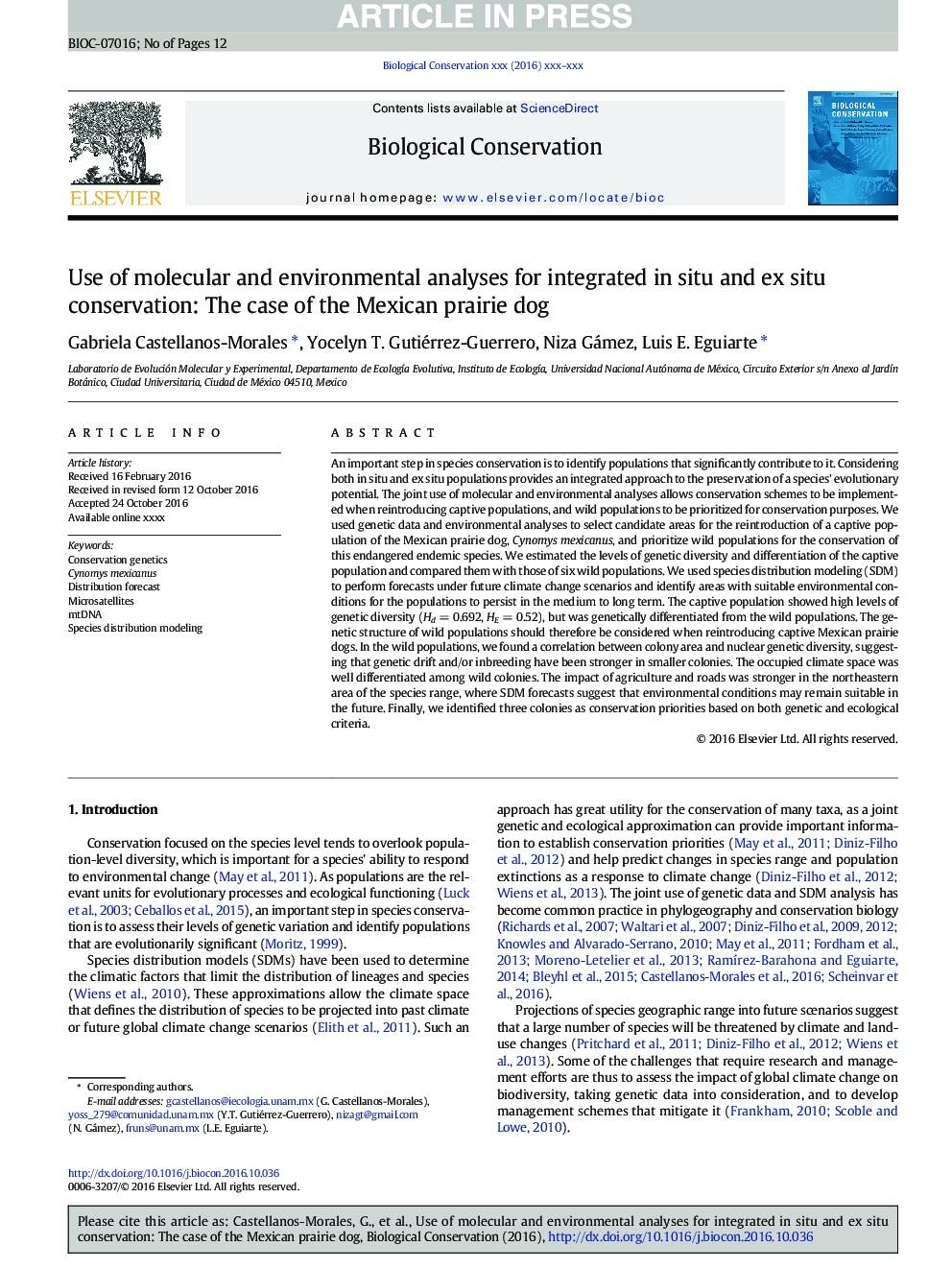 Use of molecular and environmental analyses for integrated in situ and ex situ conservation: The case of the Mexican prairie dog