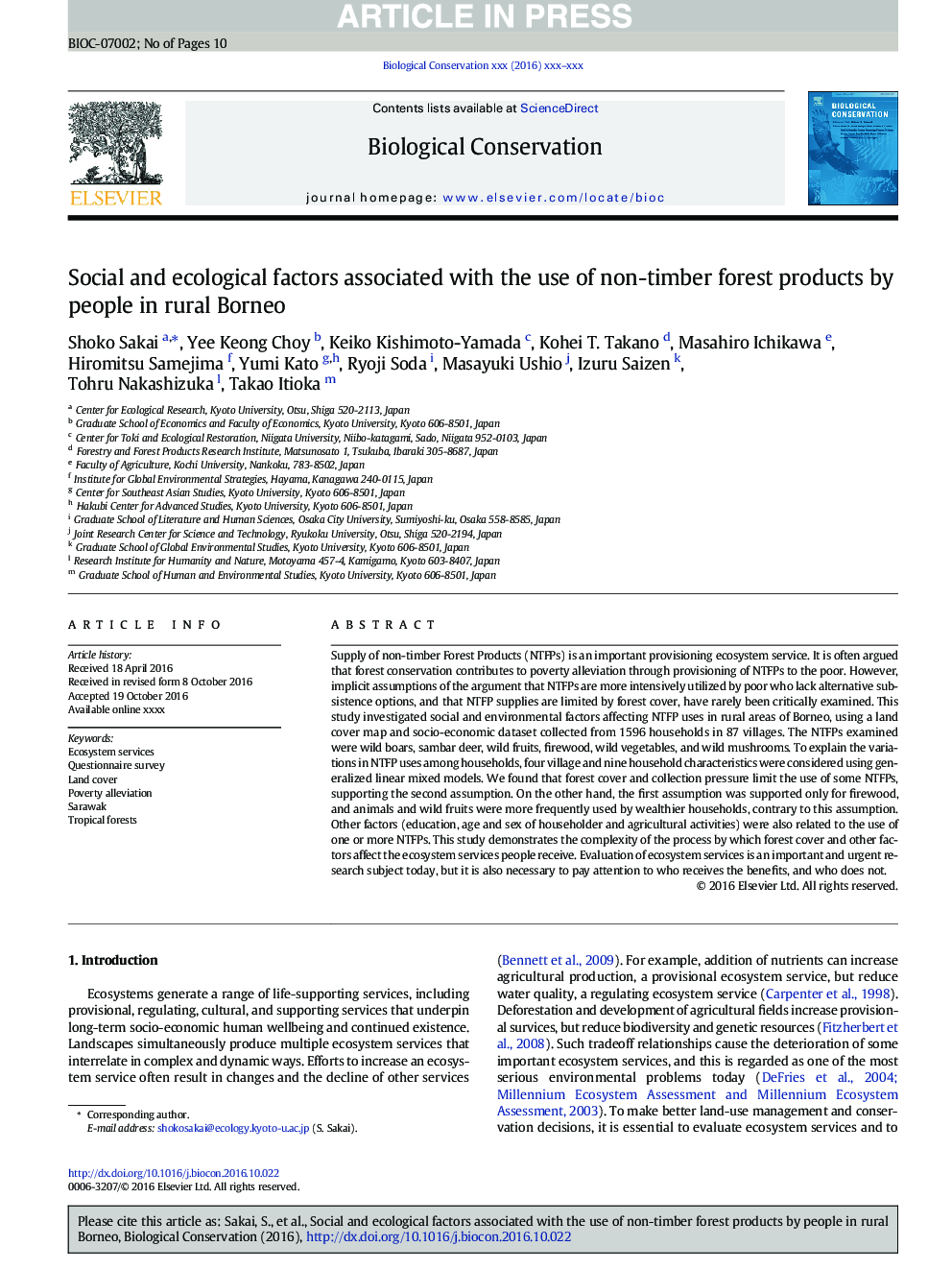Social and ecological factors associated with the use of non-timber forest products by people in rural Borneo