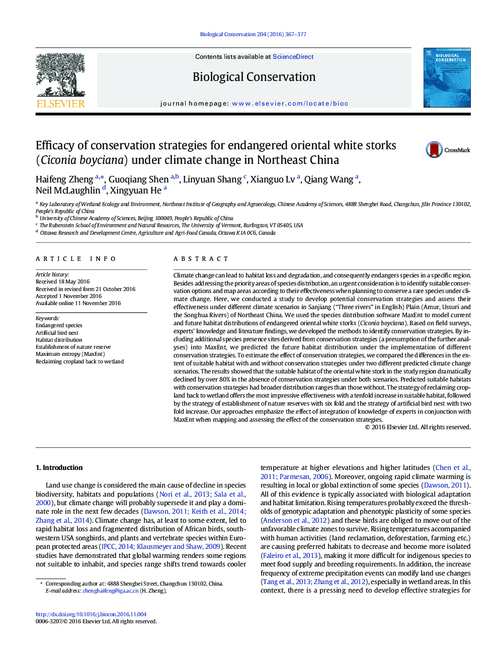 Efficacy of conservation strategies for endangered oriental white storks (Ciconia boyciana) under climate change in Northeast China