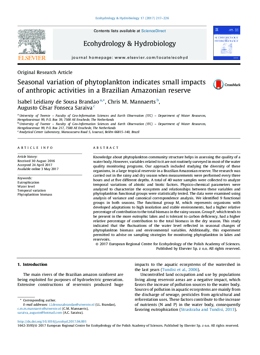 Original Research ArticleSeasonal variation of phytoplankton indicates small impacts of anthropic activities in a Brazilian Amazonian reserve