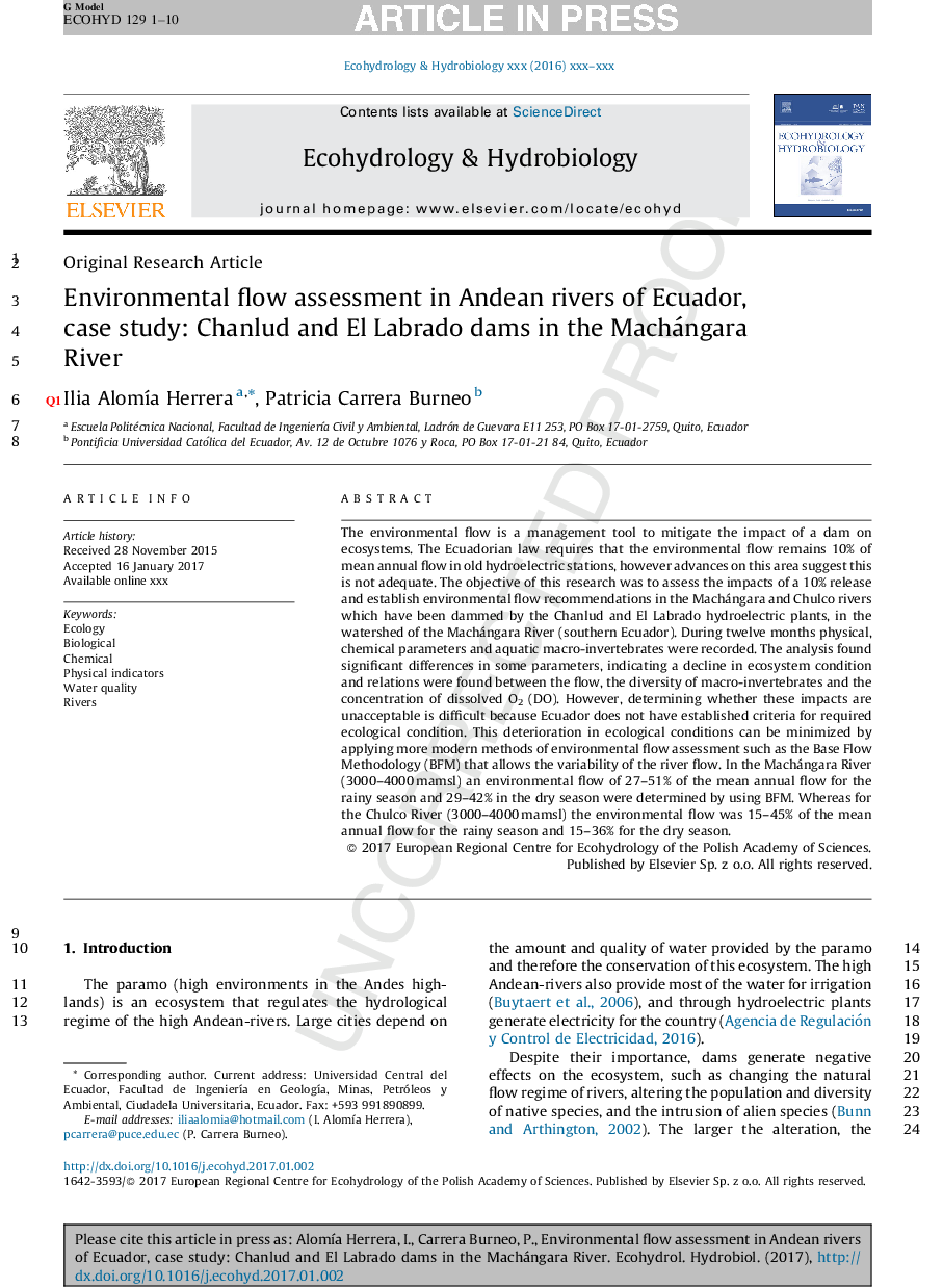 Environmental flow assessment in Andean rivers of Ecuador, case study: Chanlud and El Labrado dams in the Machángara River