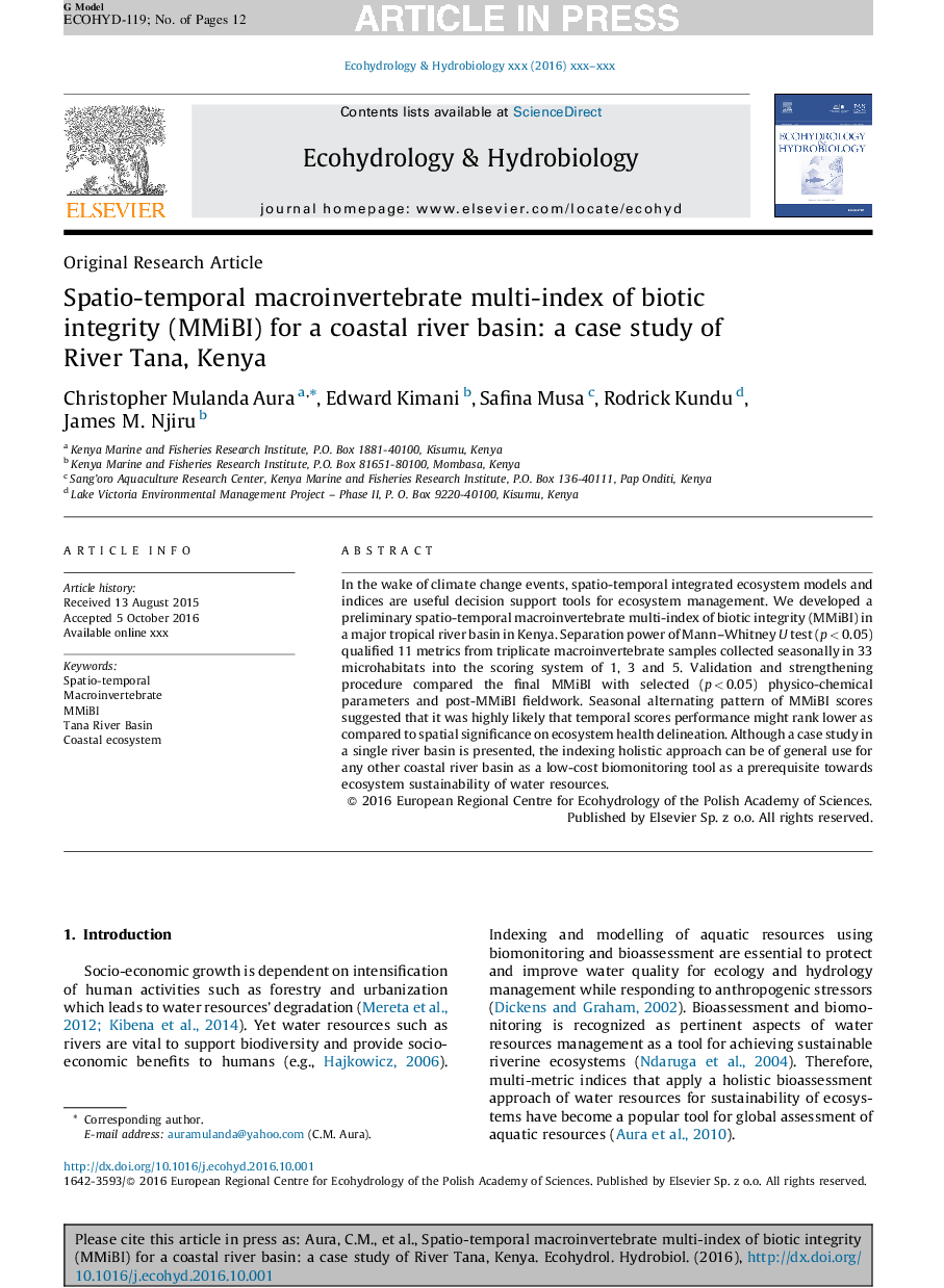 Spatio-temporal macroinvertebrate multi-index of biotic integrity (MMiBI) for a coastal river basin: a case study of River Tana, Kenya