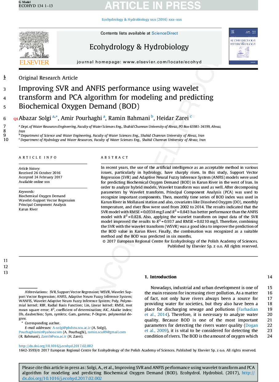 Improving SVR and ANFIS performance using wavelet transform and PCA algorithm for modeling and predicting biochemical oxygen demand (BOD)