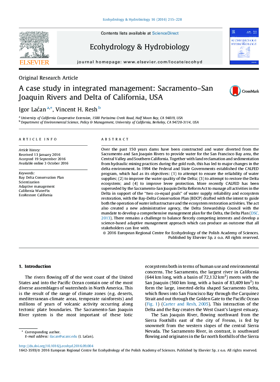 Original Research ArticleA case study in integrated management: Sacramento-San Joaquin Rivers and Delta of California, USA