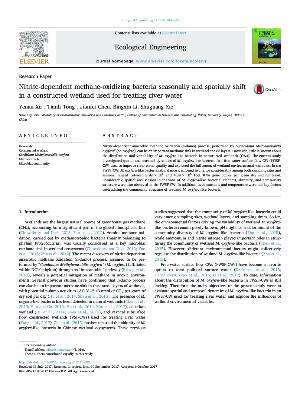 Nitrite-dependent methane-oxidizing bacteria seasonally and spatially shift in a constructed wetland used for treating river water