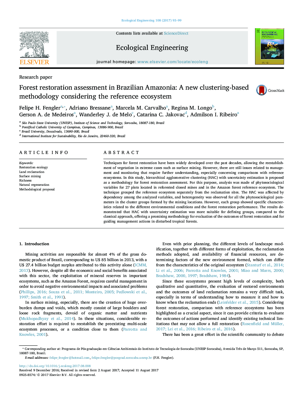 Forest restoration assessment in Brazilian Amazonia: A new clustering-based methodology considering the reference ecosystem