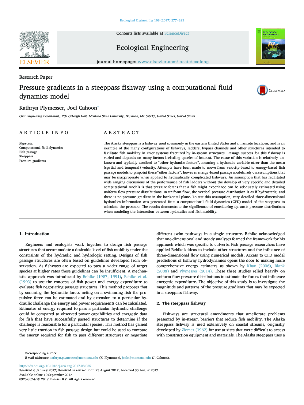 Research PaperPressure gradients in a steeppass fishway using a computational fluid dynamics model