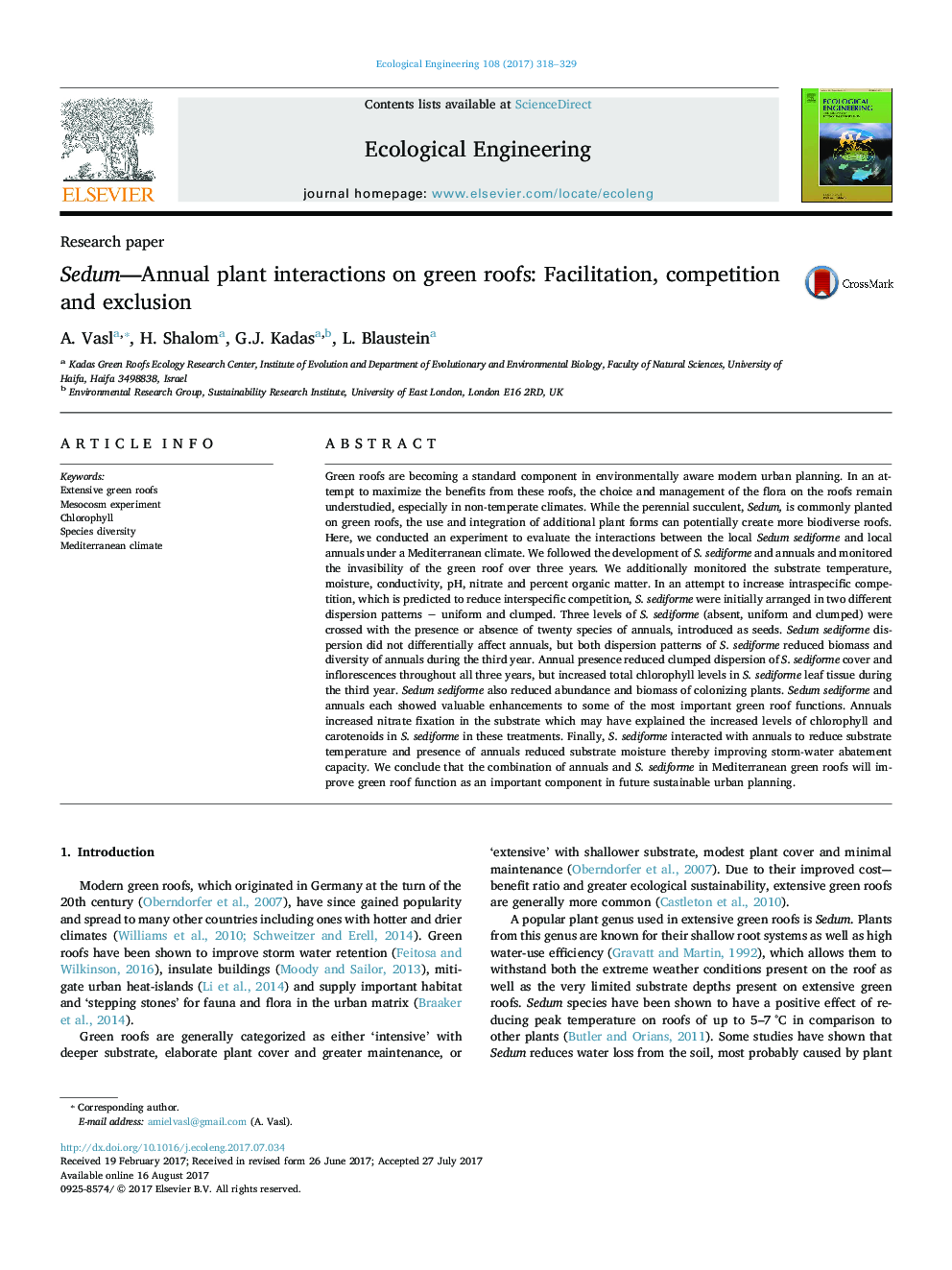 Research paperSedum-Annual plant interactions on green roofs: Facilitation, competition and exclusion