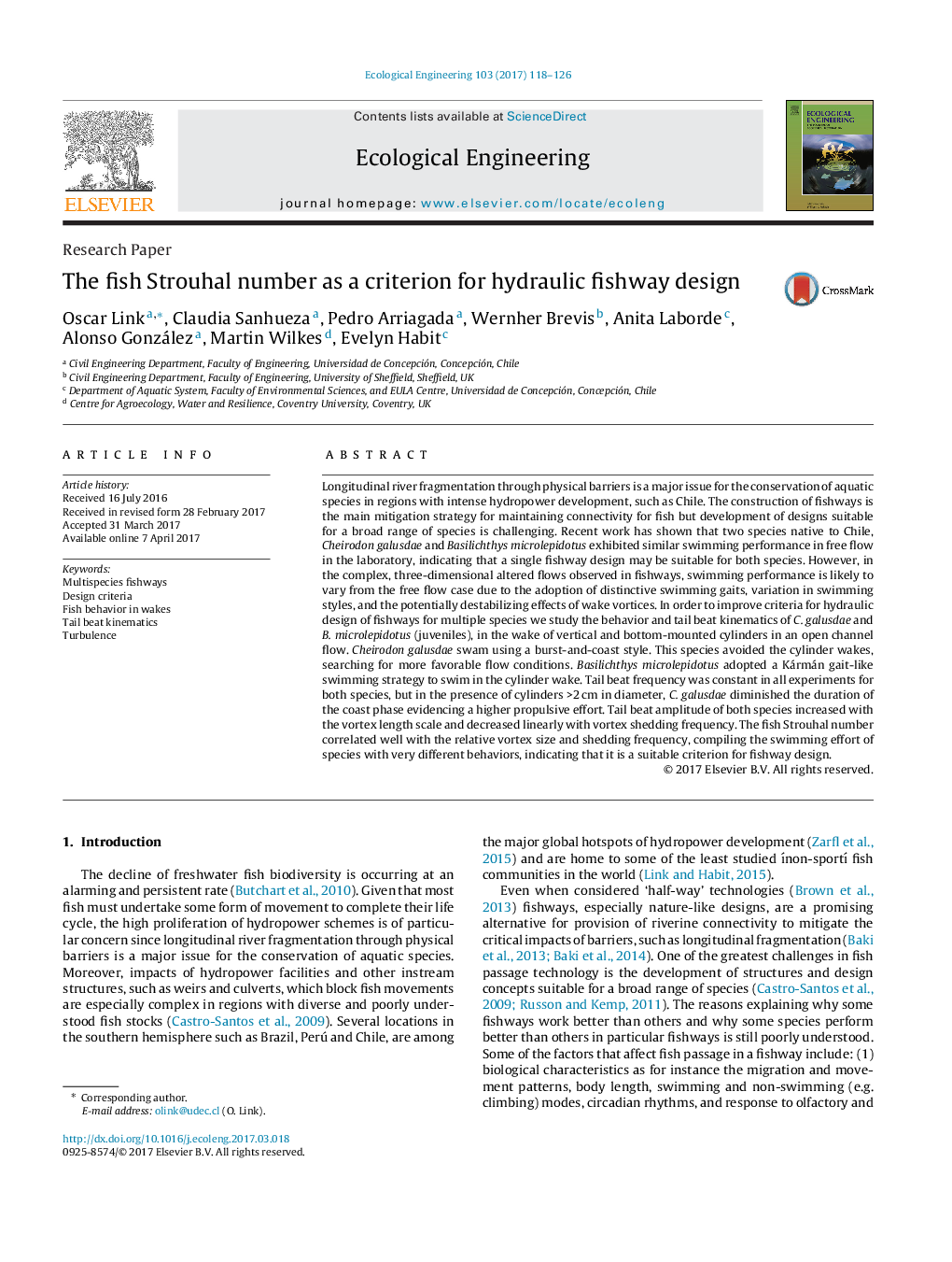 Research PaperThe fish Strouhal number as a criterion for hydraulic fishway design