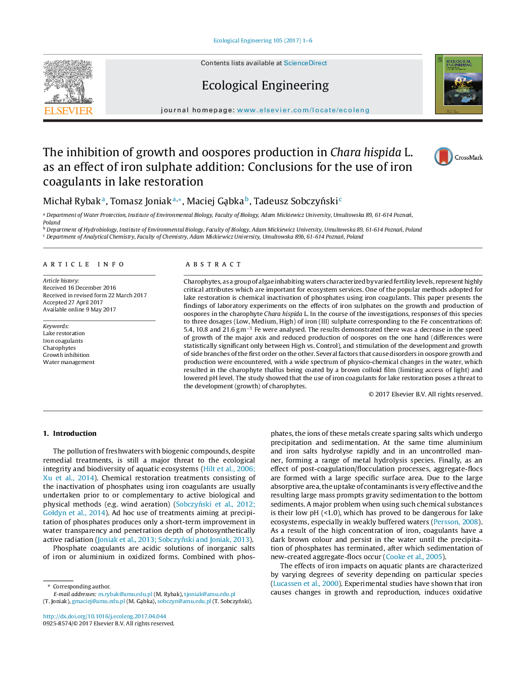 The inhibition of growth and oospores production in Chara hispida L. as an effect of iron sulphate addition: Conclusions for the use of iron coagulants in lake restoration