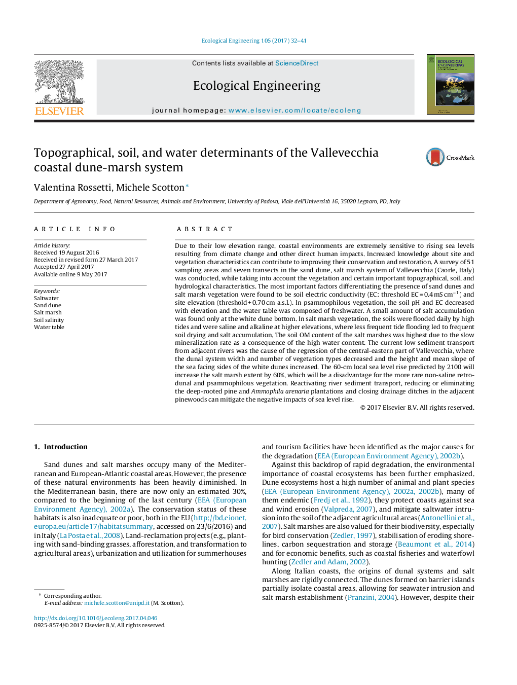 Topographical, soil, and water determinants of the Vallevecchia coastal dune-marsh system